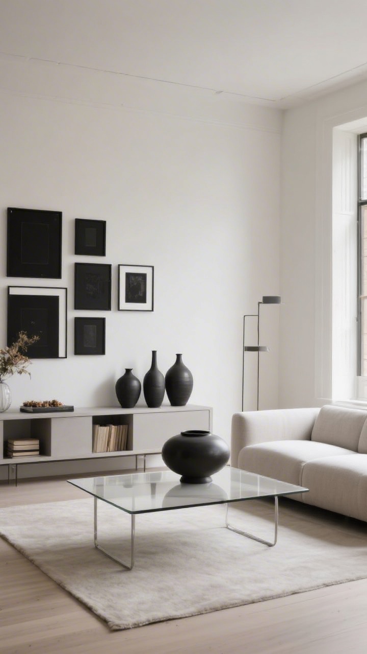 Wide room shot: A minimalist living room with curated decor and generous negative space—furnishings pulled away from walls, a clean-lined sofa, one substantial hero object on a mostly clear coffee table (70% empty), and a sparse arrangement of all-black frames on a single wall; cohesive grouping of ceramic vases on a console with seasonal decor stored away; soft natural daylight, matte finishes, and a calm, polished mood that emphasizes fewer, bigger, better pieces.