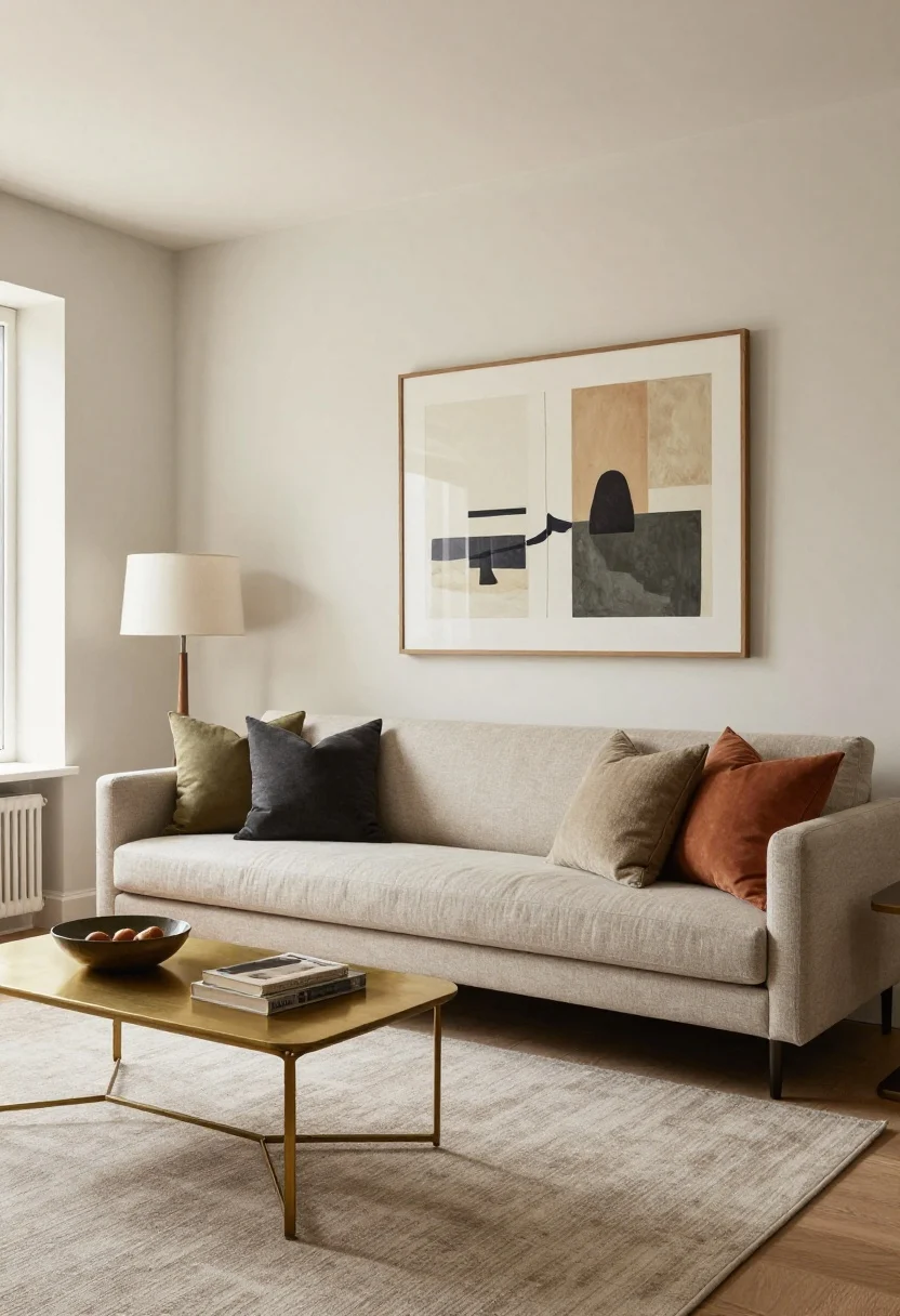 Wide room shot: an airy living room with warm-white/pale greige walls (Swiss Coffee/Edgecomb Gray vibe), medium-tone neutral sofa in oatmeal, accents in charcoal, olive, and terracotta via pillows, art, and a lamp; a single metal finish (aged brass) throughout; large statement art over the sofa, furniture floated slightly from walls, high-and-wide simple window treatments, and one big rug defining the seating zone; layered warm lighting at 2700–3000K.