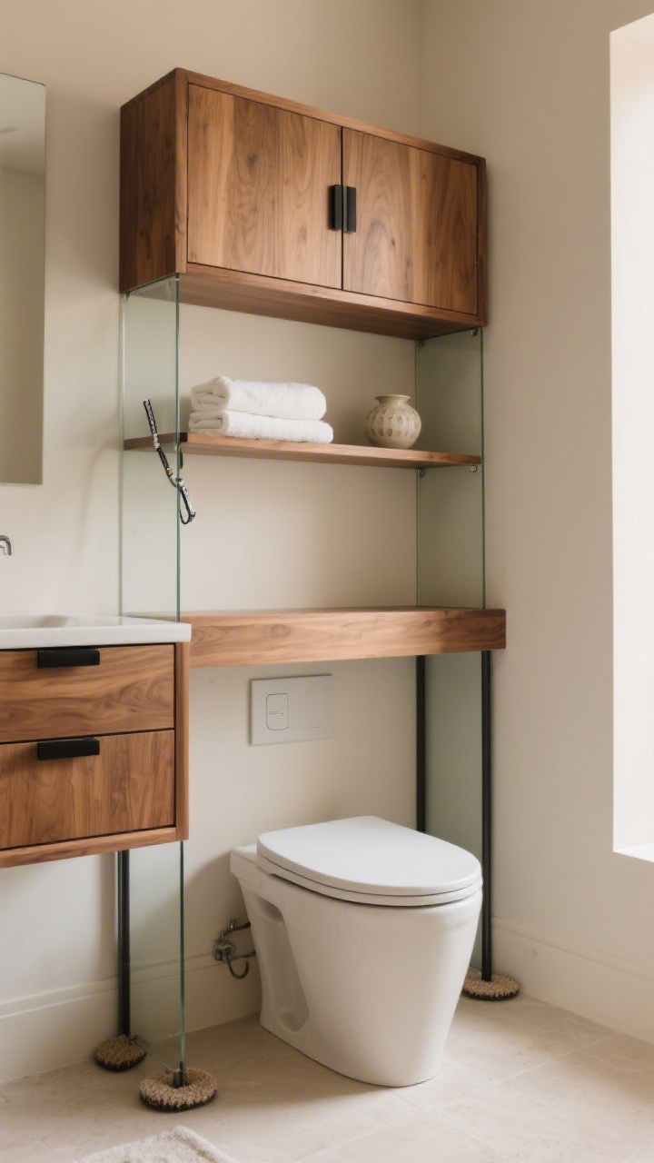 Wide room shot of an over-toilet console/etagere that feels like real furniture: slim wood-and-glass frame straddling the toilet, with closed doors/drawers up top for hidden storage and open display shelves above; minimal styling with a few folded white towels and a single ceramic piece on the highest shelf; anti-tip strap discreetly attached, felt pads visible at the feet; measured clearance for tank lid removal; warm natural wood tones, clear glass panels, and matte black pulls; soft, warm lighting for a luxury feel.