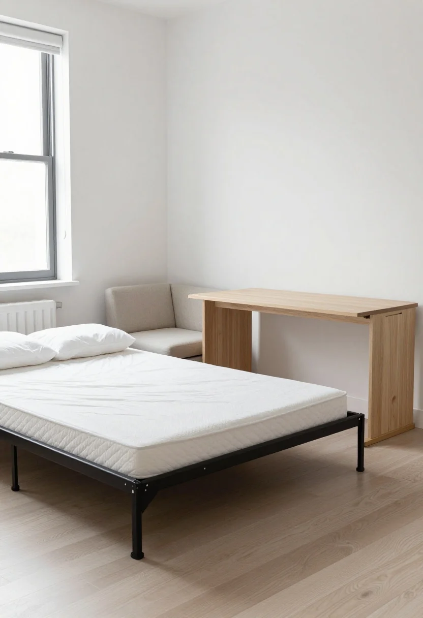 Wide shot: A bright, minimal studio apartment corner with a low-profile platform bed on a foldable black metal frame, a medium-firm mattress-in-a-box just expanded with crisp white bedding, a compact modular loveseat that can convert to a sofa bed in a neutral fabric, and a small drop-leaf dining table in light wood acting as a desk with an adjustable-height leg. Natural daylight from a side window, felt pads visible under legs, clear floor space for easy rearranging, clean modern lines, no heavy storage units.
