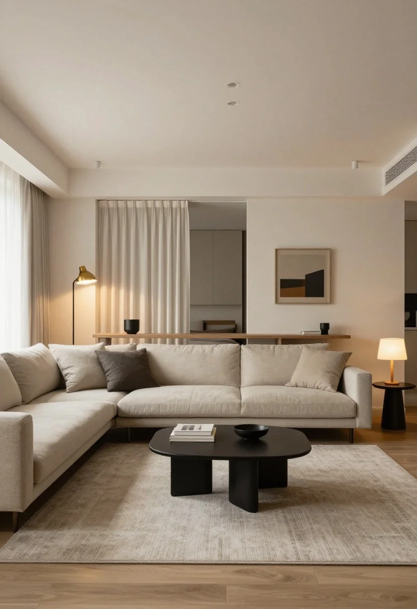 Wide shot: A challenging, awkward floor-plan living room elegantly zoned—sofa floated on a medium 6x9 rug to define seating, a narrow console table behind it creating gentle separation; a pouf plus nesting tables substitute for a coffee table; a low open shelf subtly carves out a bedroom zone with a curtain panel nearby; layered lighting with overhead task light, a brass or black floor lamp glowing for ambiance, and a small table lamp for warmth. Cohesive neutral palette with one accent color, balanced composition, evening cozy lighting.
