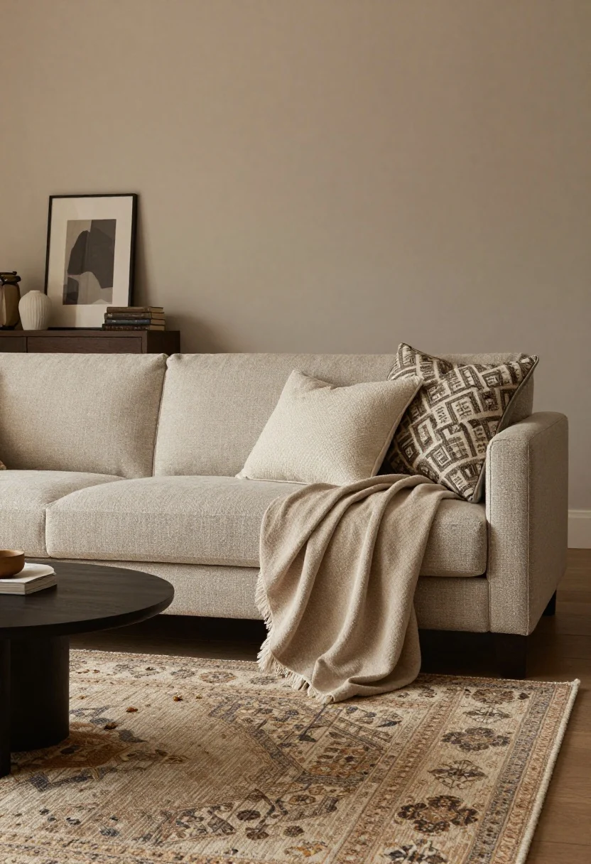 Wide shot: a cozy living room anchored by a low-pile rug with a Persian-inspired mid-scale pattern in warm neutrals (greige, camel, mushroom), a sofa dressed with two patterned pillows and one textured solid pillow, and a duvet-style throw in mid-tones folded casually to reduce “unmade” vibes; base palette of warm neutrals with speckled/melange textiles that camouflage crumbs and lint, soft afternoon light.