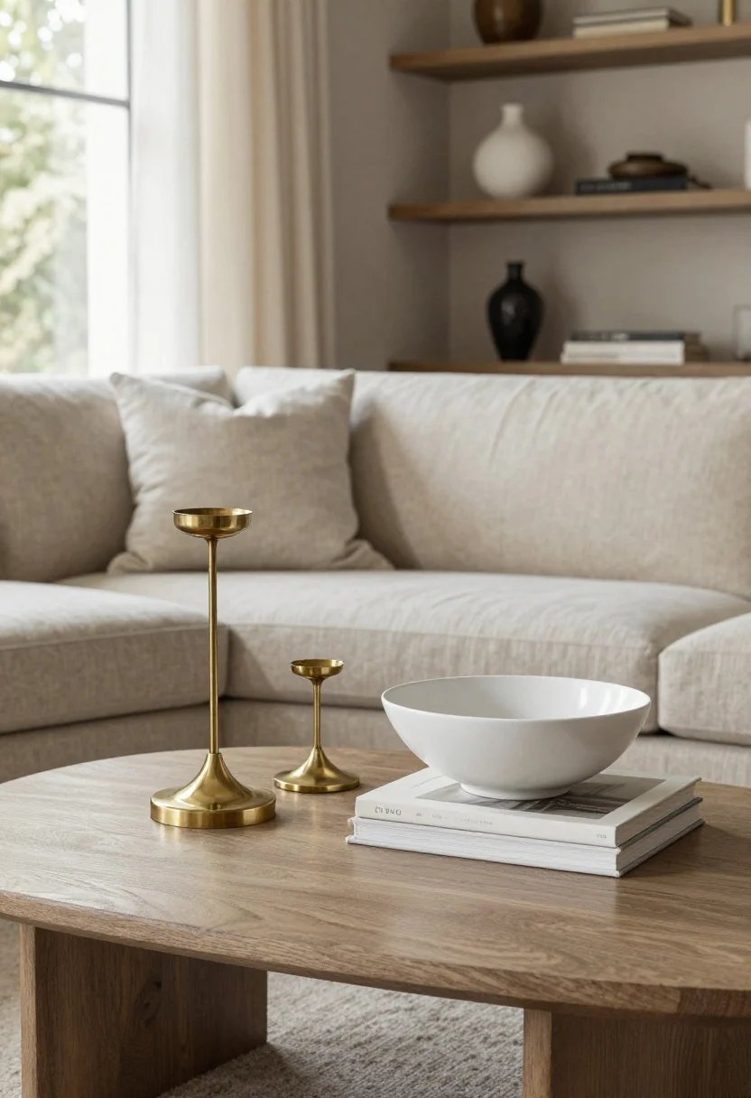 Wide shot: A living room coffee table restyled with items “shopped” from the apartment—brass candleholder, white ceramic bowl, and a hardcover art book—arranged as a chic vignette using the rule of threes. Mix textures of glass, wood, and linen on a natural linen sofa backdrop; vary heights to avoid a flat line on adjacent shelves. Soft daylight pours in, creating an intentional, elevated look with neutral tones and subtle brass highlights.
