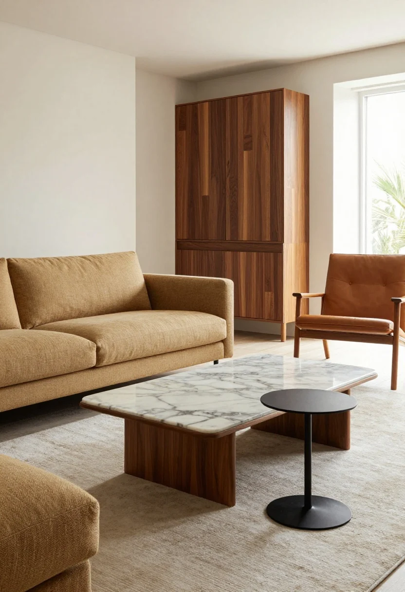 Wide shot: A living room that avoids a matchy-matchy set—fabric sofa in warm oatmeal, walnut wood coffee table with a honed marble top, and a small matte black metal side table. Add a unique accent chair in caramel leather, mixed wood tones (walnut + oak credenza), and a soft textured rug to break up sameness. Natural afternoon light, curated not showroom, straight-on perspective.