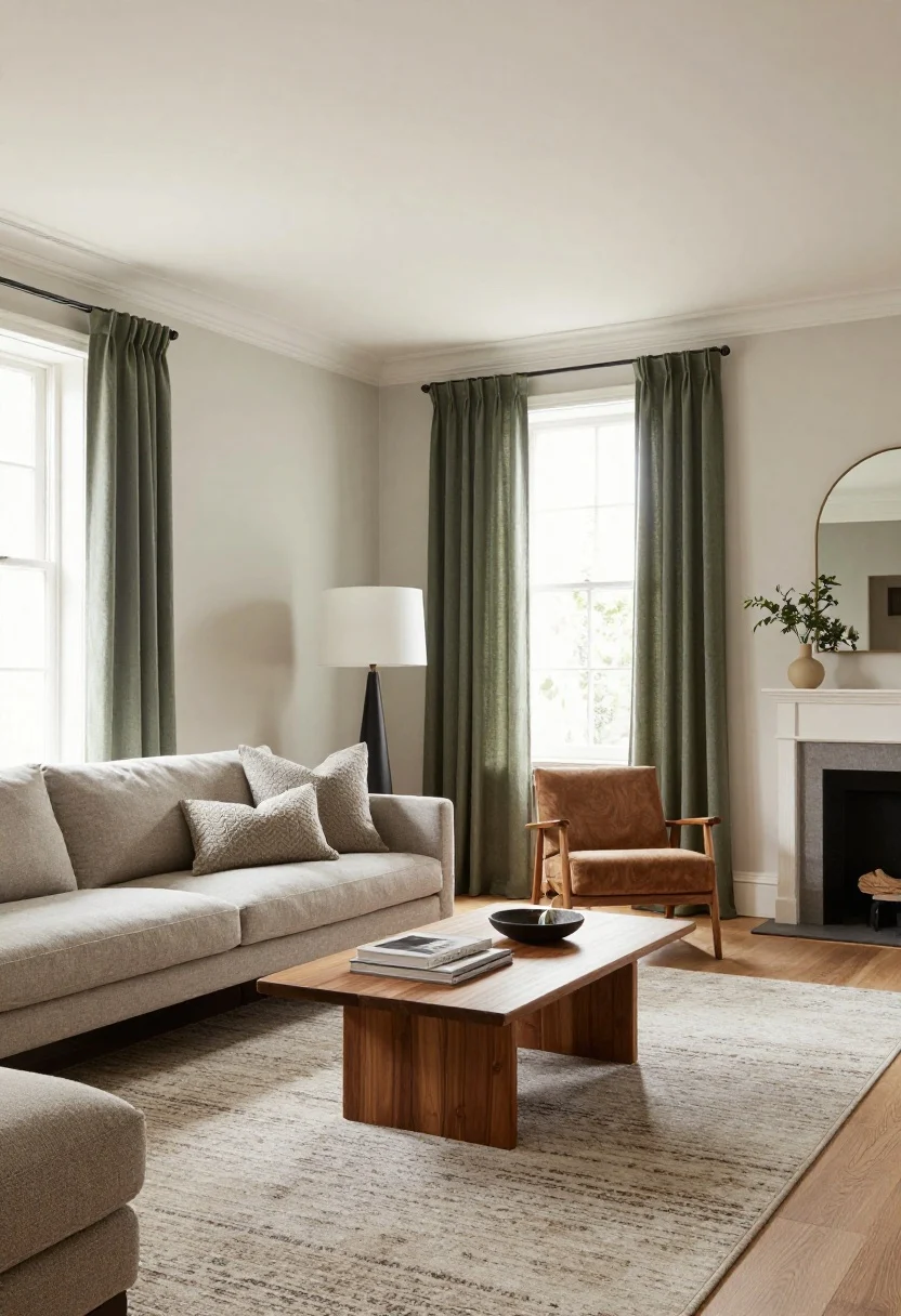 Wide shot: concluding hero scene of a chic apartment living space that embodies low-maintenance choices—matte walls, medium-tone wood furnishings, patterned low-pile rug, textured pillows, closed storage pieces, sparse surface styling (lamp + sculptural object + organic element), faux greenery, washable curtains, and frosted-shade lamps creating soft, forgiving light; no visible cleaning tools, everything photorealistic and effortlessly polished.