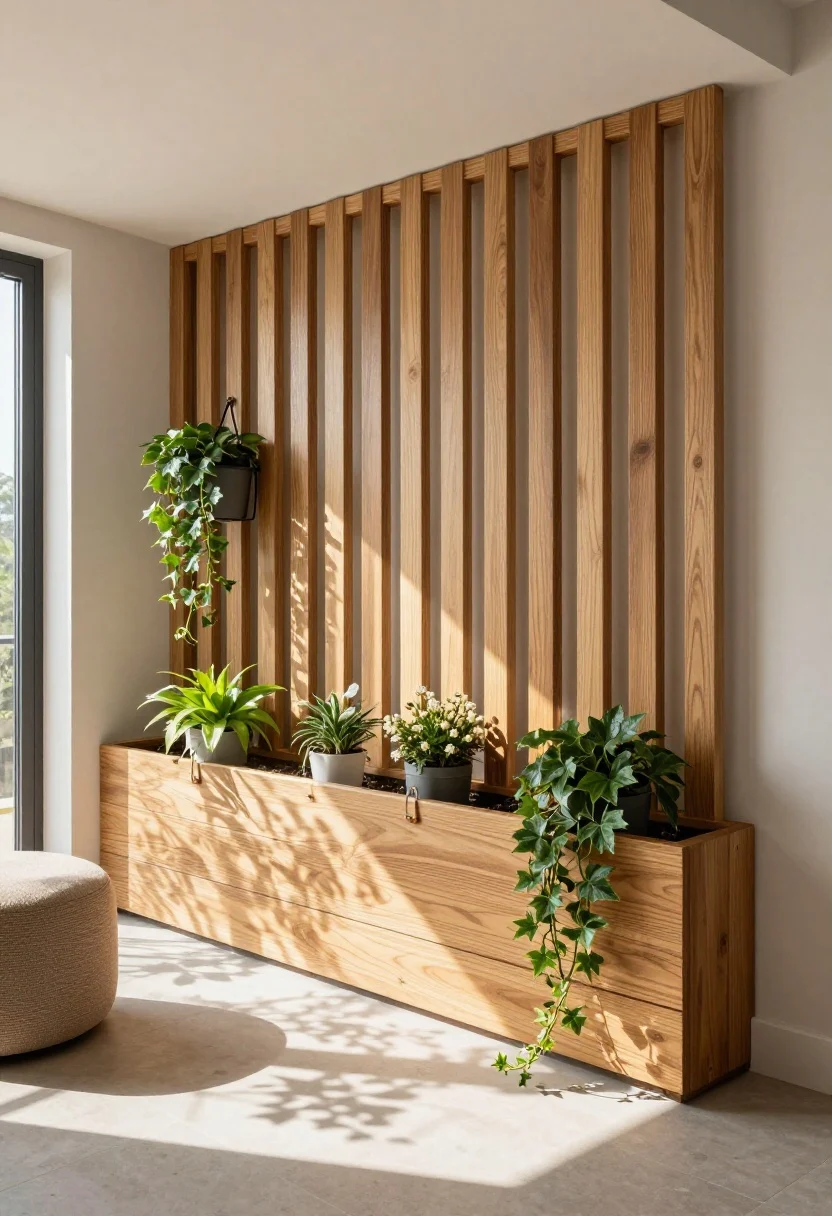 Wide shot of a compact balcony featuring slim vertical wooden lattice screens in a freestanding planter base, stained to match light acacia decking; clip-on pots with trailing ivy and small jasmine blooms attached via planter hooks; sunlight casting patterned lattice shadows onto floor and wall; neutral-toned bistro stool and a sand-colored cushion; modern, sculptural feel; corner angle to show height.