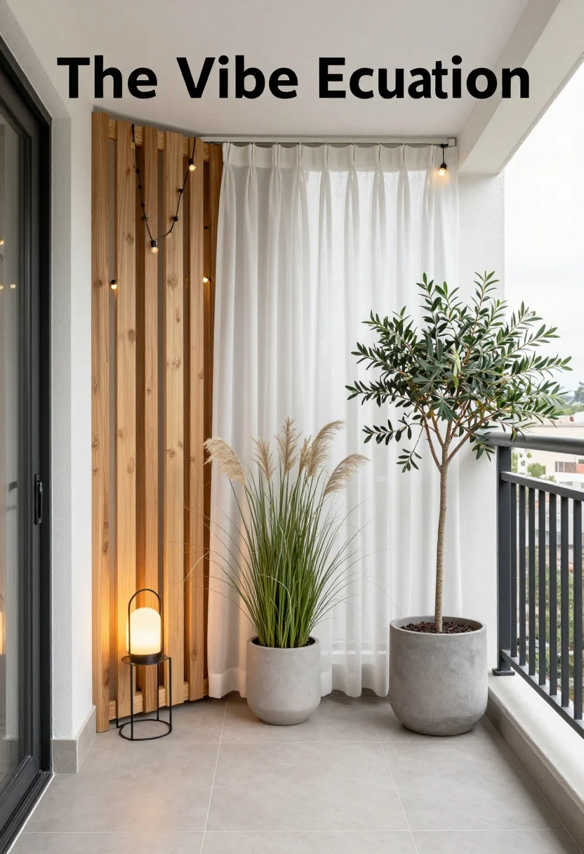 Wide shot of a finished small balcony showcasing “The Vibe Equation”: structural filter (slatted wood screen), soft layer (sheer curtains), and organic element (tall planters with airy grasses and a dwarf olive); whites, oat, and soft grays with black metal accents; layered warm string lights and a small table lamp glowing at golden hour; space feels bright, private, and calm; straight-on hero composition without people.