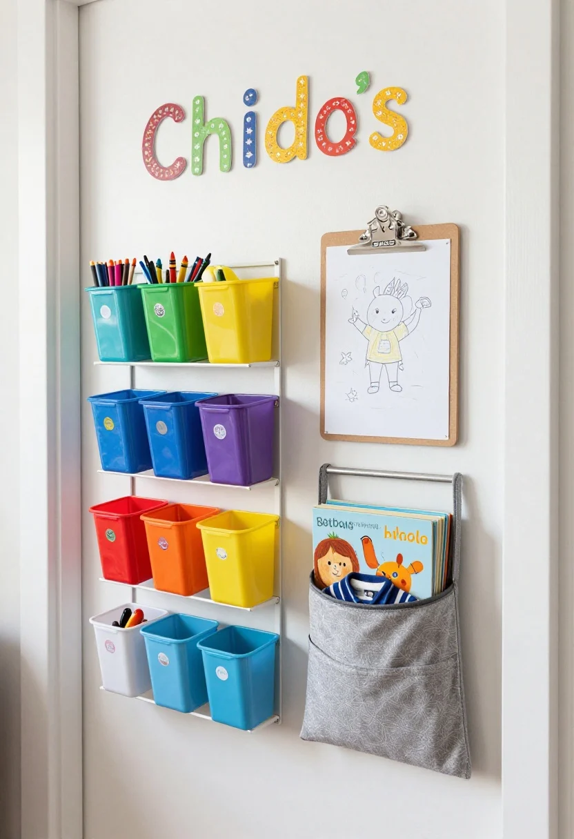 Wide shot of a kids’ room door converted into an art-and-activity station: bright color-coded bins (primary colors) labeled for markers, crayons, stickers on a slim rail; a clip-on clipboard rail displaying a single fresh drawing; a soft-pocket organizer below holding plush toys, bedtime books, and a neatly folded school uniform for the week; removable adhesive hooks visible; child’s name in playful vinyl letters across the top; cheerful daylight, tidy but creative mood; photorealistic, no people.