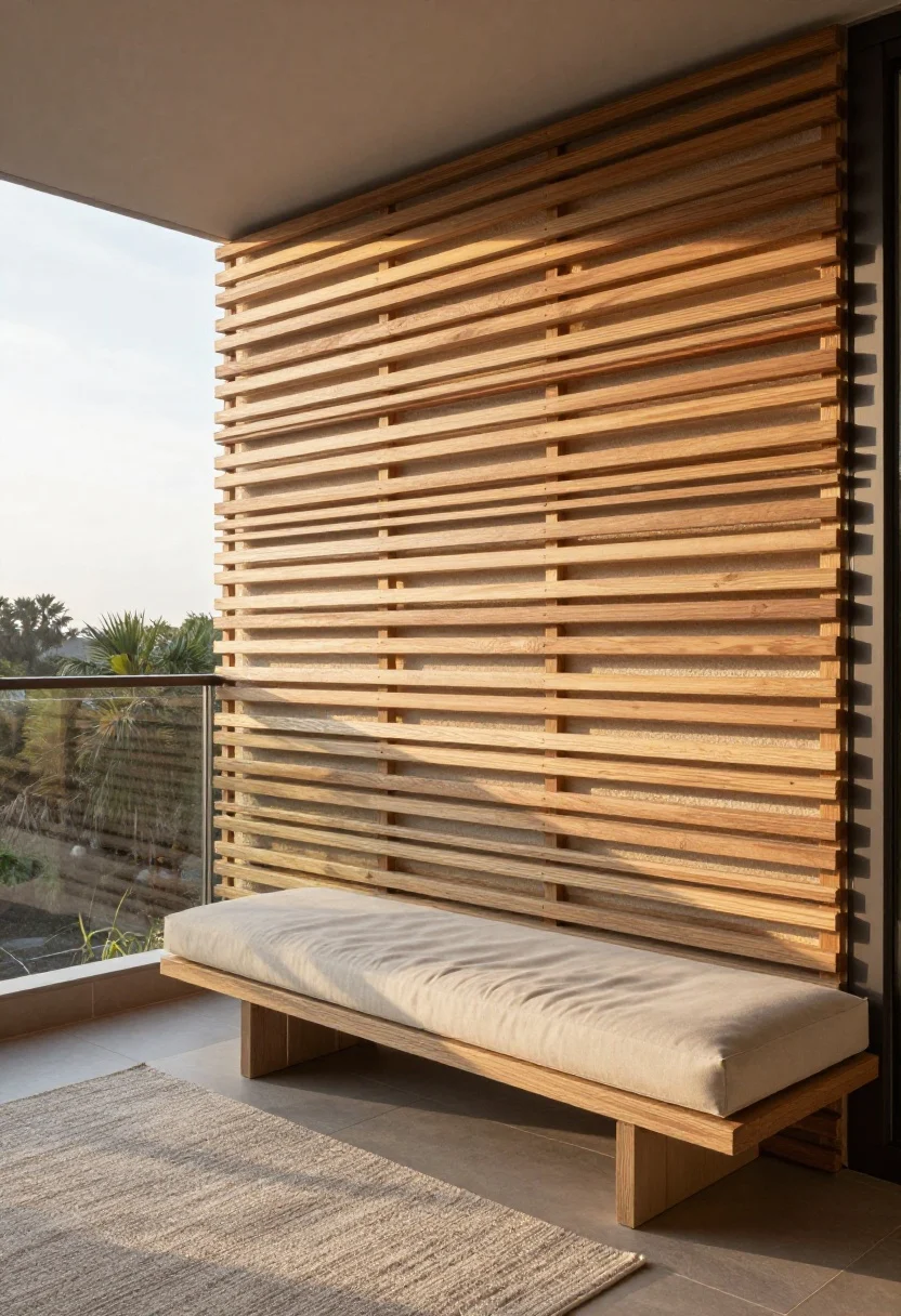 Wide shot of a minimalist balcony wall clad in angled teak slatted panels, horizontal orientation to visually widen the space; staggered gaps allowing shafts of sunlight and airflow; weatherproof composite bench cushion in oat and a neutral outdoor rug below; Scandinavian-coastal tone; early evening light with warm glow between slats; photographed from a low corner angle to emphasize lines.