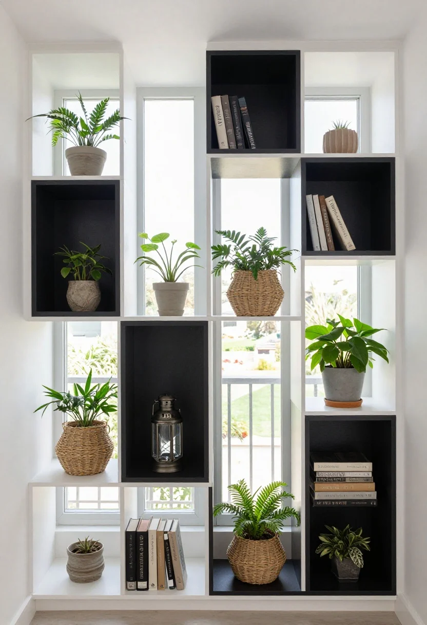 Wide shot of modular privacy cubes and tiered open-back shelving arranged asymmetrically along one side of a narrow balcony; staggered heights forming a subtle visual barrier toward a neighboring window; shelves styled with potted plants, woven baskets, and a lantern, plus a few weatherproof-sleeved books; tight, curated palette of white, oat, and black; bright daylight passing through the open backs; overhead three-quarter angle.
