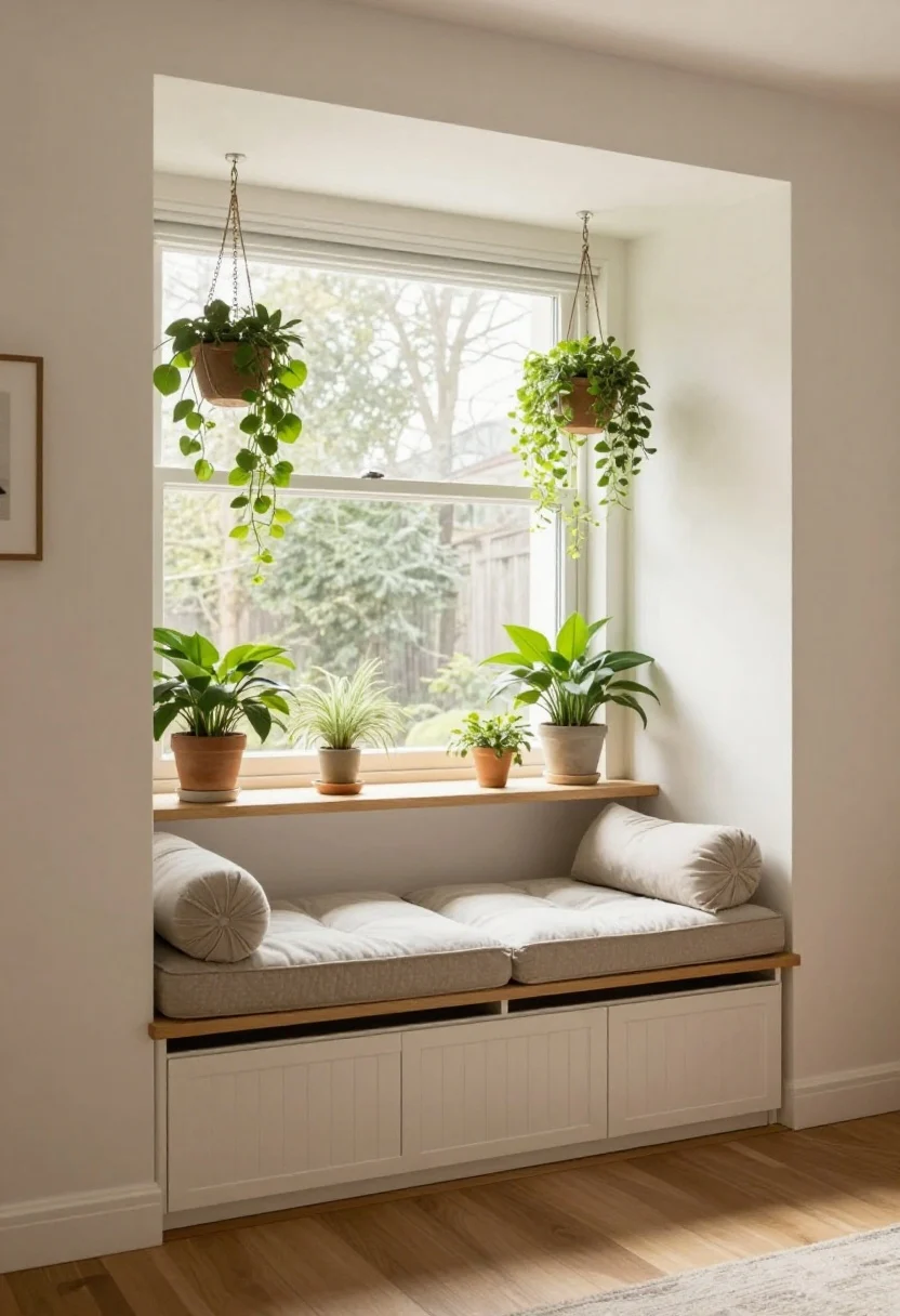 Wide shot of under-window zone turned seating: a sunlit window with a low built-in bench featuring hidden storage drawers, topped with a tailored cushion and two lumbar pillows; optional slim radiator cover beneath with ventilated front and sturdy top acting as a shelf; layered plant display—short plants on the bench, hanging planters with trailing greenery above; soft morning natural light, warm white walls, cozy reading nook mood, photorealistic.