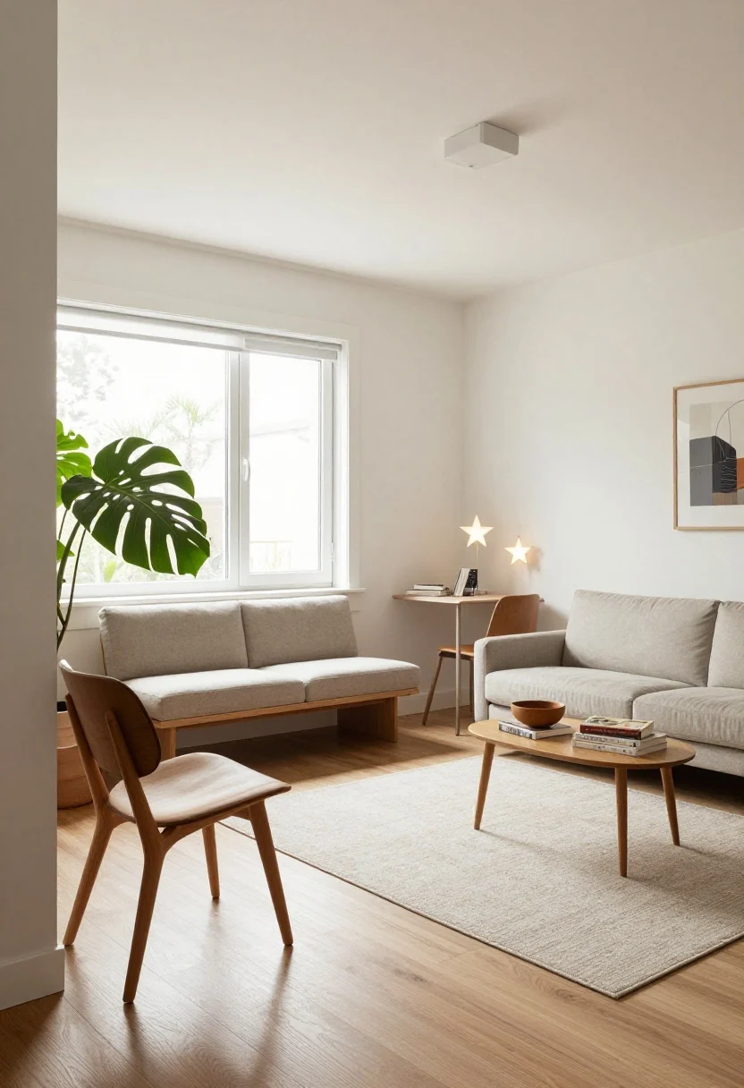 Wide shot: Open-concept apartment divided into zones using existing pieces—a chair turned 45 degrees and a large plant define the reading nook, a console behind the sofa creates a hallway, and a window corner becomes a micro-office with a small table and dining chair. A rug anchors the seating area (front legs on, back legs off). Each zone has a star: lamp, entry bowl, stack of cookbooks. Bright natural light, clear spatial boundaries.