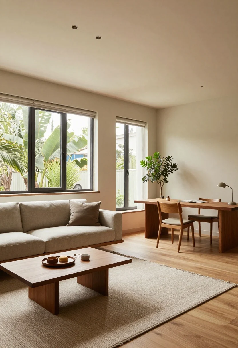 Wide shot: Reimagined living room layout with the sofa floated a few inches off the wall to improve flow. Zones are defined: lounge anchored around a low coffee table and window focal point, a small desk zone with a plant as a soft divider, and a dining nook signaled by a rug. Clear 30–36 inch walking paths, every seat has a reachable surface. Daylight filters in, boutique-hotel vibe, warm woods and soft textiles.