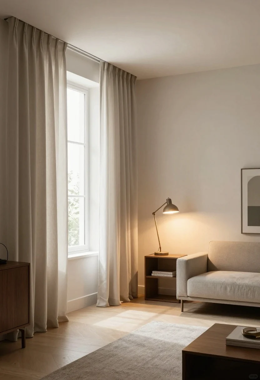 Wide shot: Sunlit living room with curtains hooked higher and pulled fully open to steal maximum daylight. A mirror positioned directly across from the window bounces light deeper into the room. At dusk, layered lighting appears: a borrowed desk lamp on the media console and a bedside lamp relocated to a side table, both with warm-toned bulbs; task light angled toward a wall for an ambient glow. Neutral walls, soft shadows, bright and airy mood.