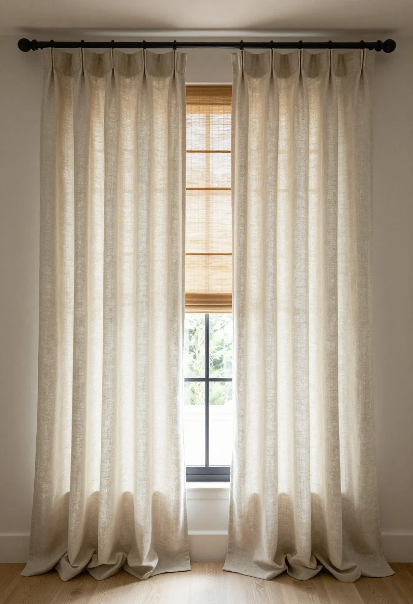 Wide shot: Windows dressed with bamboo Roman shades paired with floor-length linen-blend curtains in soft stone. Rods mounted 5 inches above the window and extended 8 inches past each side, matte black hardware with substantial finials. Natural daylight streaming, curtains pooling slightly, straight-on symmetrical view emphasizing height and width.