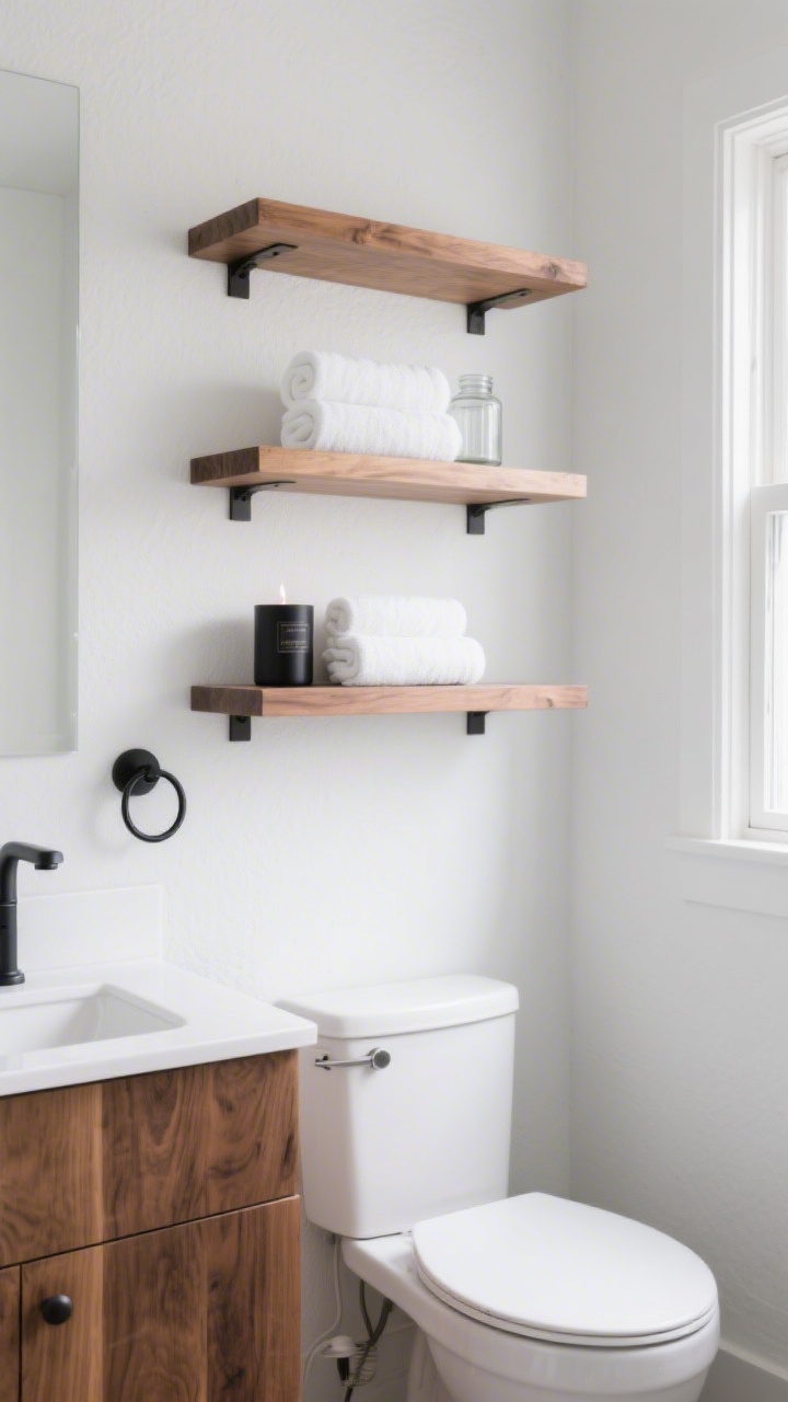 Wide, straight-on bathroom shot of a floating shelf trio above a toilet: three chunky-edge real-wood shelves spaced 10–12 inches apart, wood tone echoing a medium-oak vanity; minimalist boutique styling with two rolled white towels, a matte black candle, and one glass apothecary jar; cohesive black fixtures on faucet and towel ring; airy negative space between objects; soft natural daylight from side window; renter-friendly vibe with discreet command-style brackets barely visible; neutral white walls and subtle texture on the wood grain for a high-end look.