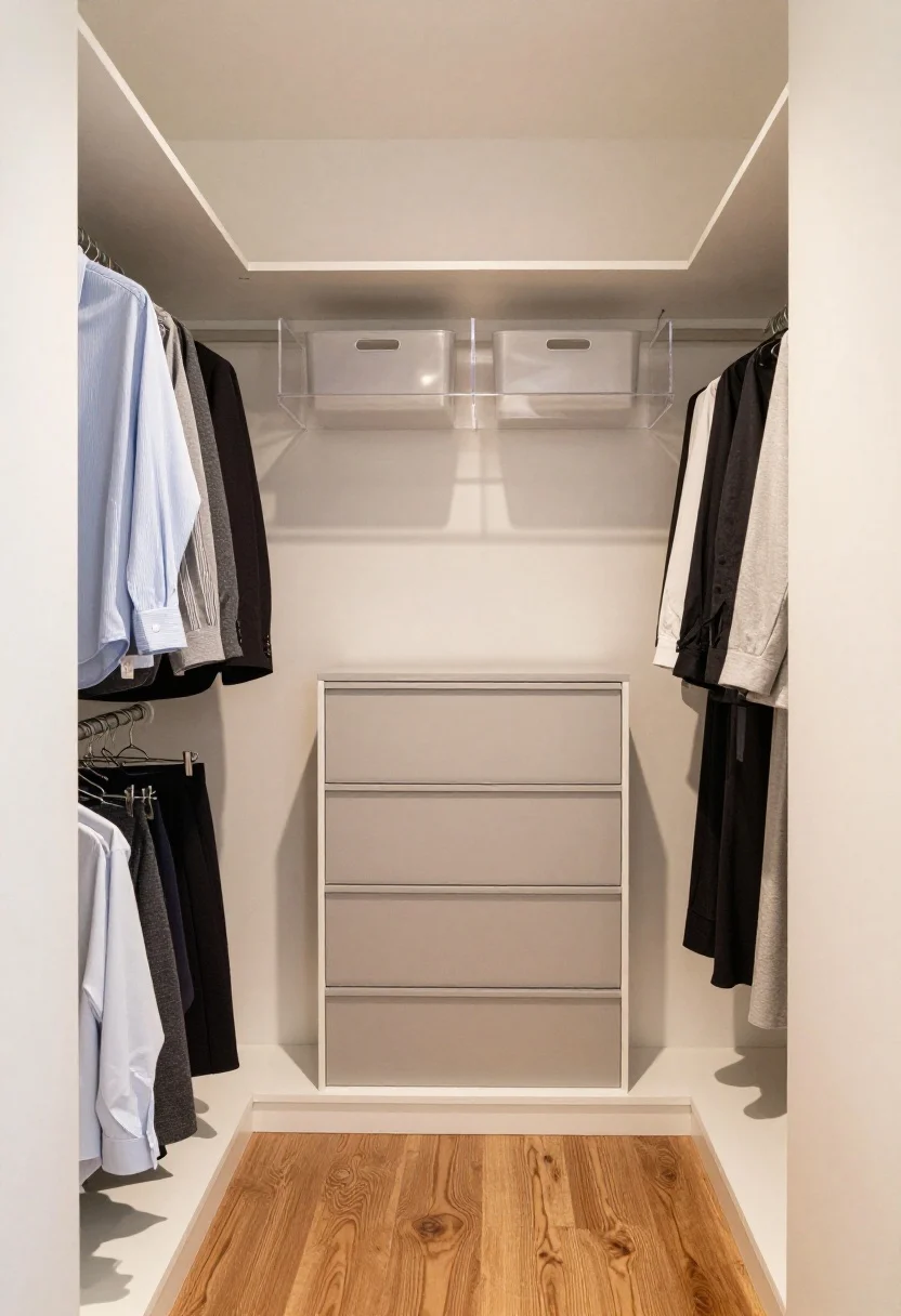 Wide, straight-on closet interior: a double-rod setup with a lower rod for shirts and skirts, upper rod for jackets and dresses, all on uniform slim felt hangers; floor optimized with a slim drawer tower and a 3–5 tier shoe rack; a sturdy shelf above the top rod divided with clear acrylic dividers, holding labeled bins for off-season items; bright, even closet lighting and crisp organization, photorealistic.