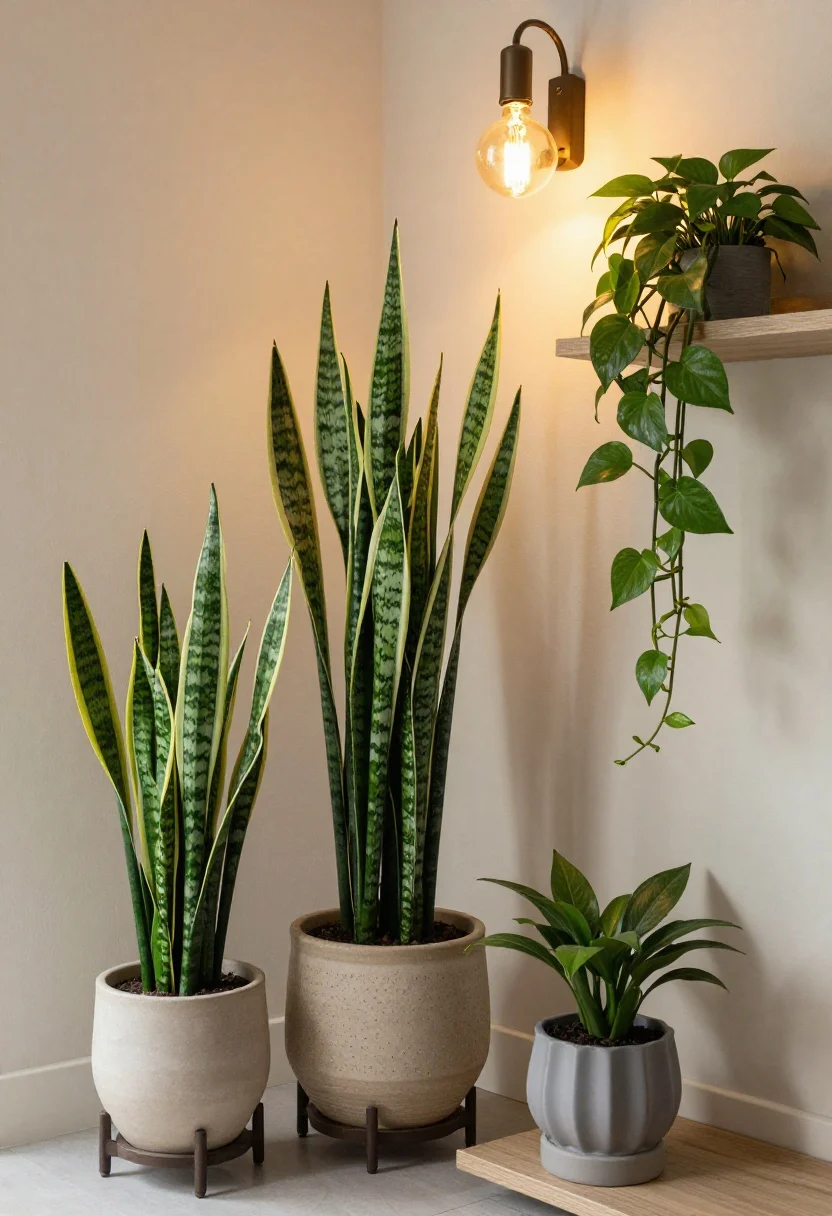 A corner medium shot plant vignette in low light: a tall ZZ or snake plant in a ceramic planter on a stand, a medium pothos on a console, and a trailing pothos on a wall shelf; nearby fixtures use warm-spectrum grow bulbs concealed in cozy lamps (no purple hue), creating a gentle golden glow; mix in one high-quality faux stem in a sculptural vase for fullness; planters with drainage and simple plant stands; photorealistic.