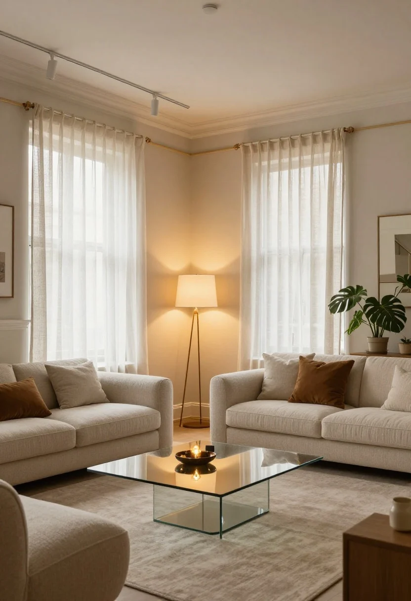 A cozy, windowless apartment composite that ties it all together: layered warm lighting (ambient pendant/track, task lamps, accent LEDs), light warm neutral walls with lighter satin trim, reflective touches (a single large mirror and a glass coffee table), airy textures (bouclé, linen sheers), low-light plant cluster with warm grow bulbs, and edited furniture with open bases; mood is bright, cozy, and intentional; shot as a wide hero image, photorealistic, no people.