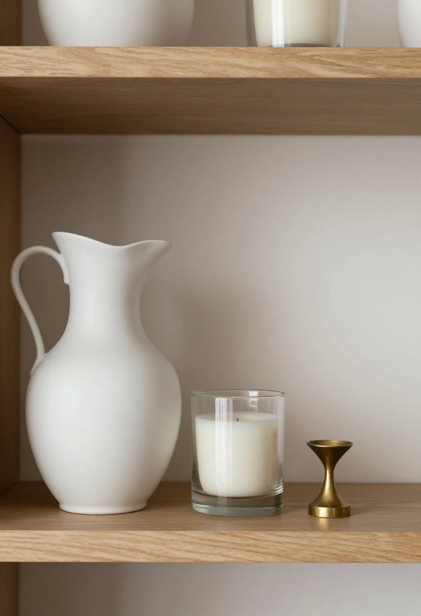 A detail closeup of a single shelf styled into a visual triangle: on the left, a tall matte white pitcher as the anchor; at center-right, a medium-height glass jar candle; in front, a small object d’art like a brass match striker. A second shelf above repeats the triangle with the tall piece flipped to the opposite side for subtle asymmetry. Neutral palette with white, clear glass, and warm wood; soft diffused daylight emphasizes varying heights and the editorial balance.