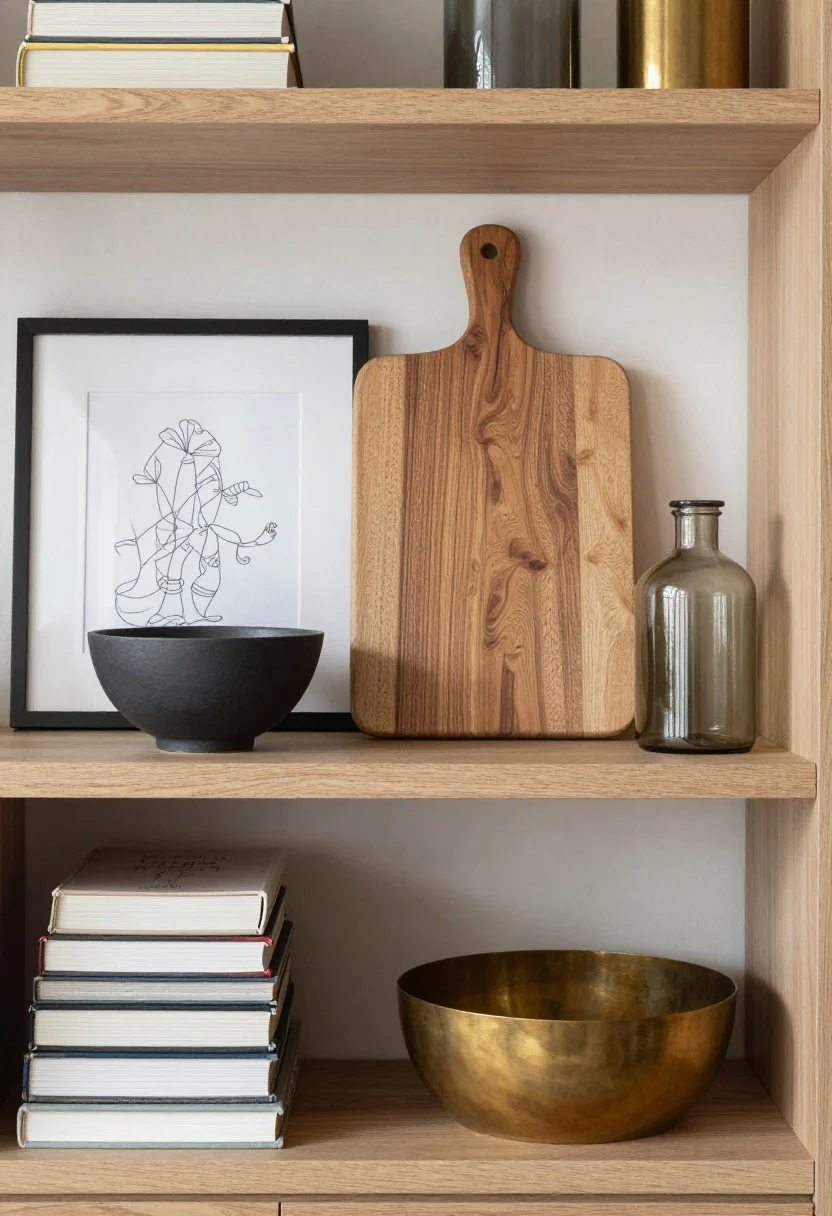 A detailed side-angle shot showing layered heights, depths, and textures on open shelves: a large wood cutting board and a framed line drawing leaning as backdrops; stacks of cookbooks used as risers lifting a small matte charcoal ceramic bowl; glossy glass bottles pulled slightly forward; rough-grain wood beside smooth brushed brass. The depth is clear from the oblique view, and soft window light grazes surfaces to emphasize dimension.