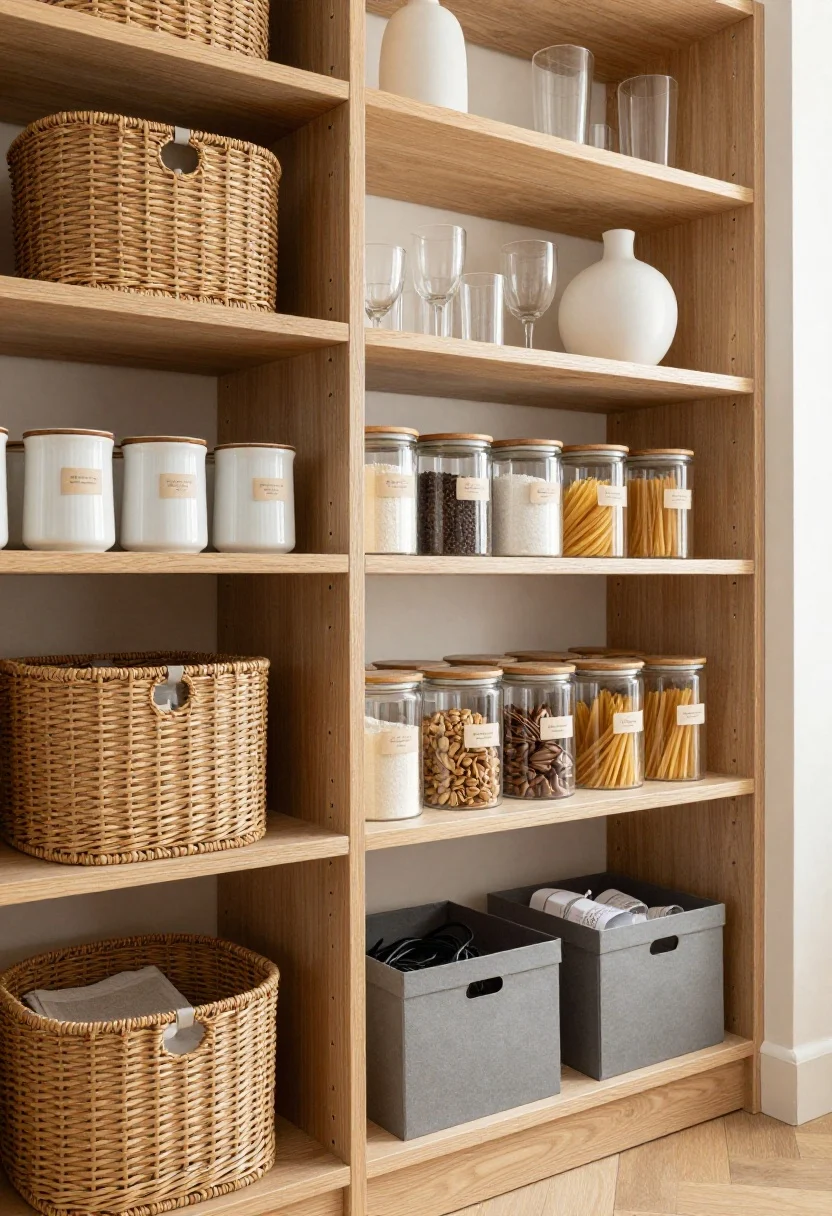 A medium corner-angle view of open shelves mixing display and concealed storage: woven seagrass and rattan baskets on lower shelves for napkins and tea; ceramic and clear canisters with discreet labels for flour, coffee, and pasta; slim lidded kraft-gray boxes for receipts and cables. Upper shelves feature lighter, airier items like glassware and a single white vase. Warm, late-afternoon natural light highlights texture; the visual weight is grounded below, creating a tidy, functional look.