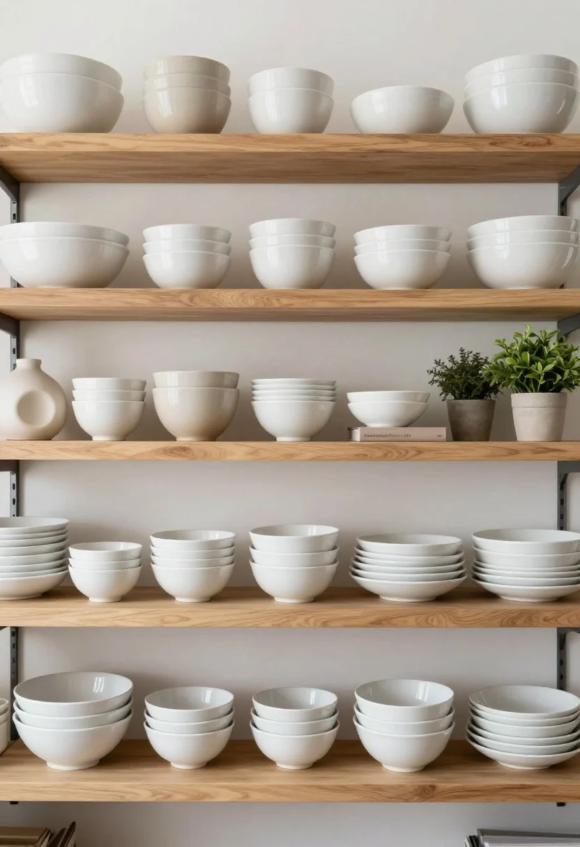 A medium, straight-on shot of edited open kitchen shelves showcasing a realistic, pared-back collection: matching white dishware, stacks of neutral stoneware bowls, a few pretty cookbooks with muted spines, one sculptural ceramic vase, and two small green plants in simple pots. No branded packaging or mismatched items. Natural daylight from a nearby window casts soft, even light; the mood is calm and intentional with a cohesive, fewer-better selection against a clean white wall and light oak shelves.