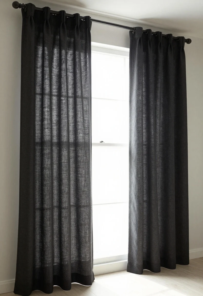 A medium, straight-on view of a “window fakery” setup: double curtain rods mounted high and wide near the ceiling with linen-look sheer panels up front and blackout panels behind; an uplight placed behind the sheers to create the illusion of a softly glowing window wall; gauzy, textural fabrics that feel airy (no heavy velvet); crisp rod hardware and neat clip rings visible; theatrical but believable, photorealistic.