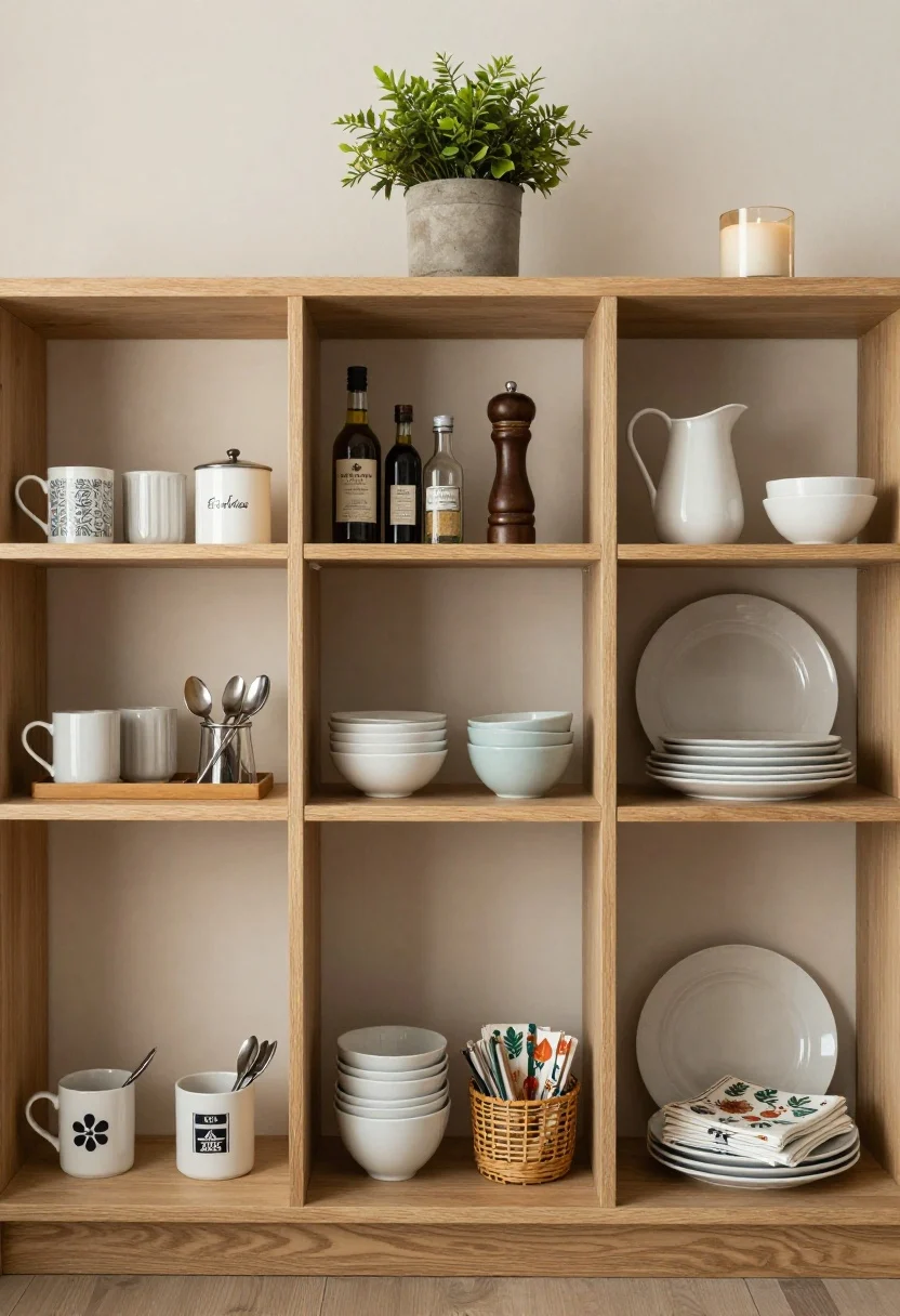 A medium, straight-on vignette of zoned shelving: left zone as a coffee station with coordinated mugs, a labeled sugar canister, and a small tray corralling spoons; center cooking zone with oils, salts, and a pepper grinder next to a short stack of everyday bowls; right serveware zone with a white pitcher, a platter, and seasonal napkins tucked in a basket; one style zone featuring a plant and a candle as breathing space. Clear categorization reads visually tidy under gentle morning light.