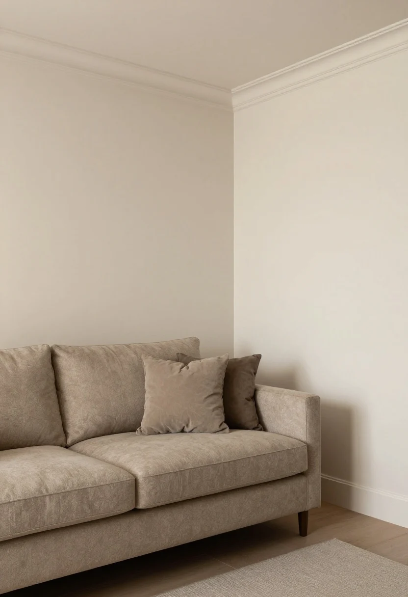 A straight-on medium shot of a living area corner with creamy matte/eggshell walls in a soft greige, trim and ceiling one step lighter in satin finish, and a taupe-mushroom mid-tone upholstered sofa that reflects light without looking stark; a few deep-tone accent pillows only; the scene feels bright and warm without windows, avoiding blue-tinted whites; subtle sheen on doors and trim shows light bounce, photorealistic.