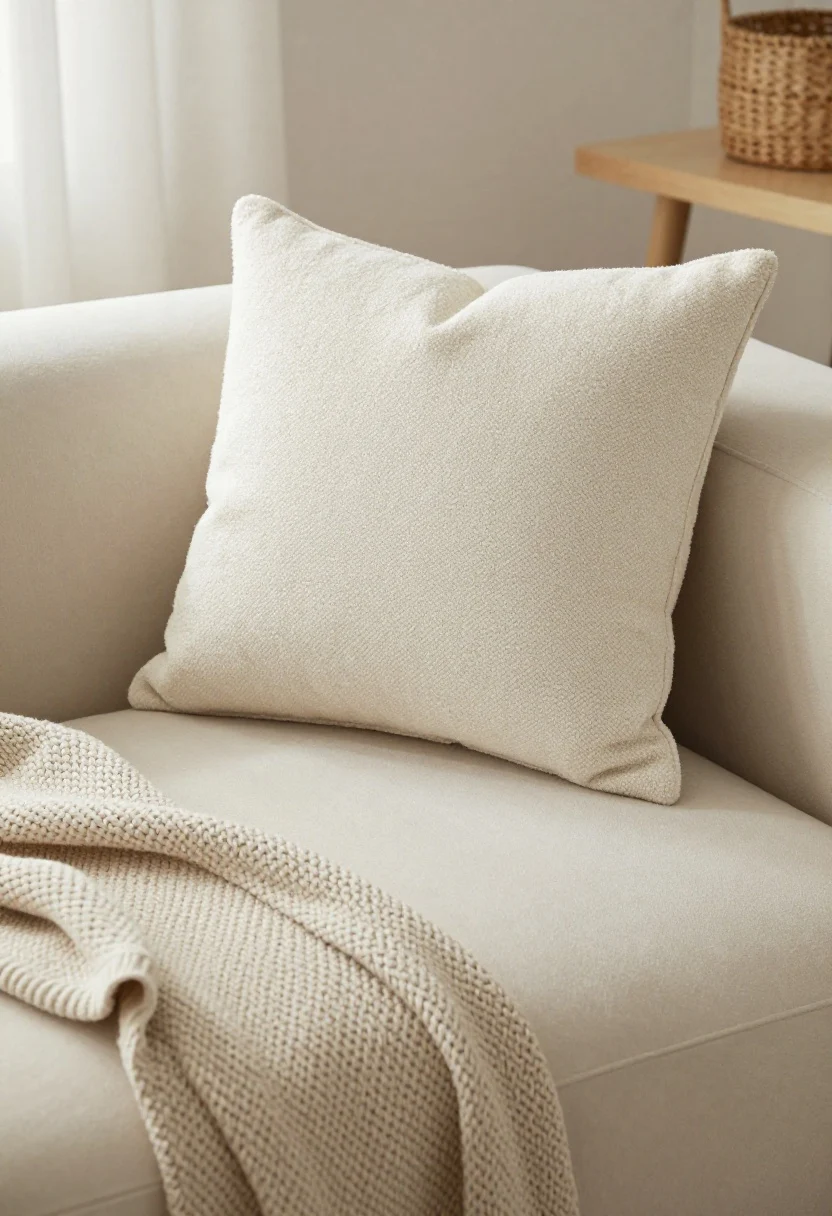 A tight detail closeup of layered textures: a nubby cream bouclé pillow on a smooth taupe sofa, a chunky knit throw in pale oatmeal draped nearby, and a hint of a rattan basket and pale wood side table; low- to mid-tone, light-reflective palette; soft, cozy feel without darkness; shallow depth of field highlighting weave and grain, photorealistic.