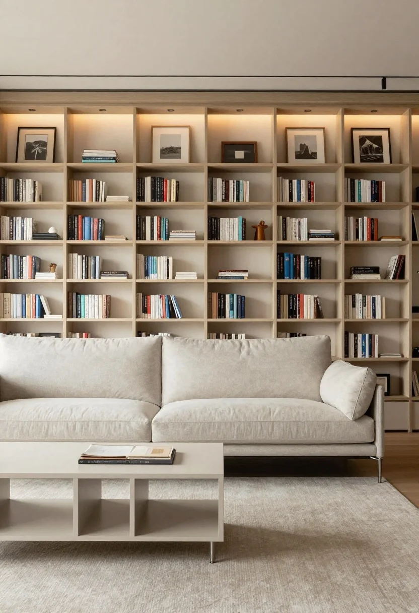 A wide living room layout emphasizing flow: a slim, leggy sofa and open-base side tables keep sightlines open; one statement sofa instead of multiple small chairs; pale or metallic thin frames with light mats on a curated gallery wall; tiny picture lights over art and subtle LED strips backlighting floating shelves; surfaces styled in odd-number groupings with breathing room; calm, uncluttered, photorealistic.
