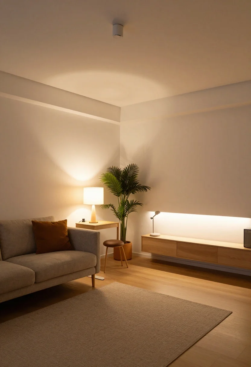 A wide, photorealistic living room in a windowless apartment demonstrating a “lighting sandwich”: warm ambient glow from a diffused plug-in pendant and a short track strip aimed at walls (2700–3000K), mid-level task lights including a table lamp beside a sofa and a swivel plug-in sconce over a small desk, and bottom accent lighting with LED strips tucked behind a headboard-like console and along a shelf, plus a small opal glass glow lamp behind a leafy plant; soft, even illumination with frosted warm LEDs, clean walls, no people, cozy modern style.