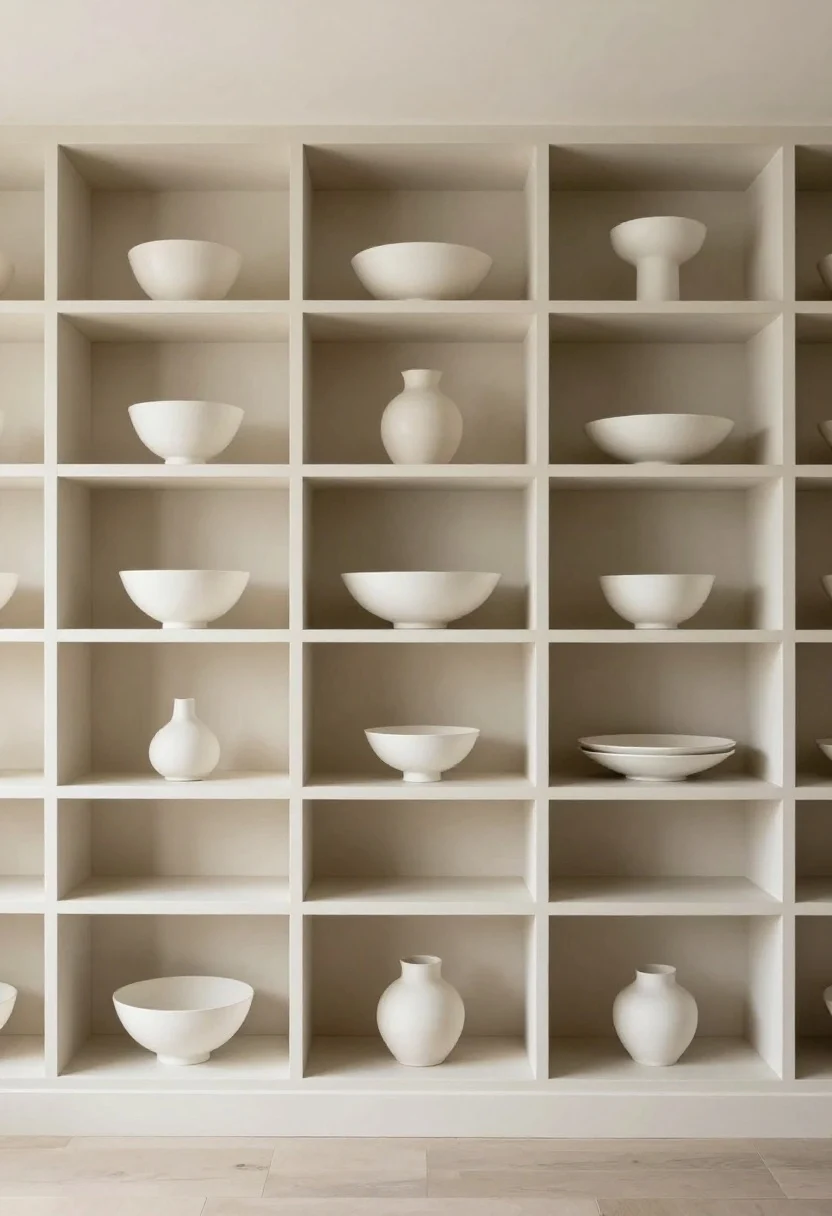 A wide room shot of open shelves embracing negative space: each shelf filled roughly two-thirds, leaving one-third open; a single hero piece per shelf (e.g., an oversized white bowl, a sculptural vase, a standout platter) supported by a few small items; visible air gaps of a few inches between groupings. Neutral palette, uncluttered composition, and soft, even daylight create a calm, spacious feeling where the eye can rest.