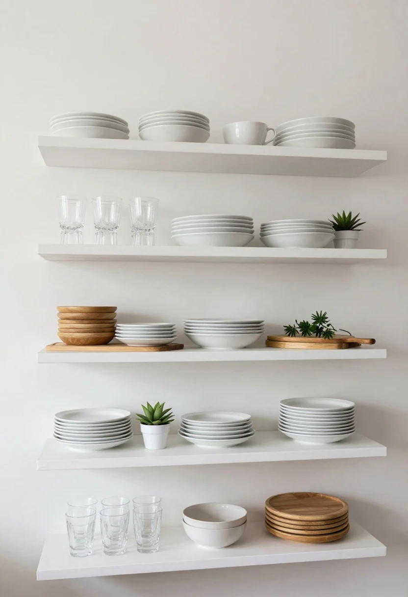 A wide, straight-on shot of a kitchen wall with floating shelves styled to a tight color palette: Neutral & Natural scheme—white dishes, clear glass tumblers, warm wood cutting boards, and small touches of greenery repeated at least three times. The composition reads white + wood + glass with a whisper of green accents. Bright, clean daylight enhances the restrained color repetition and cohesive, serene mood.