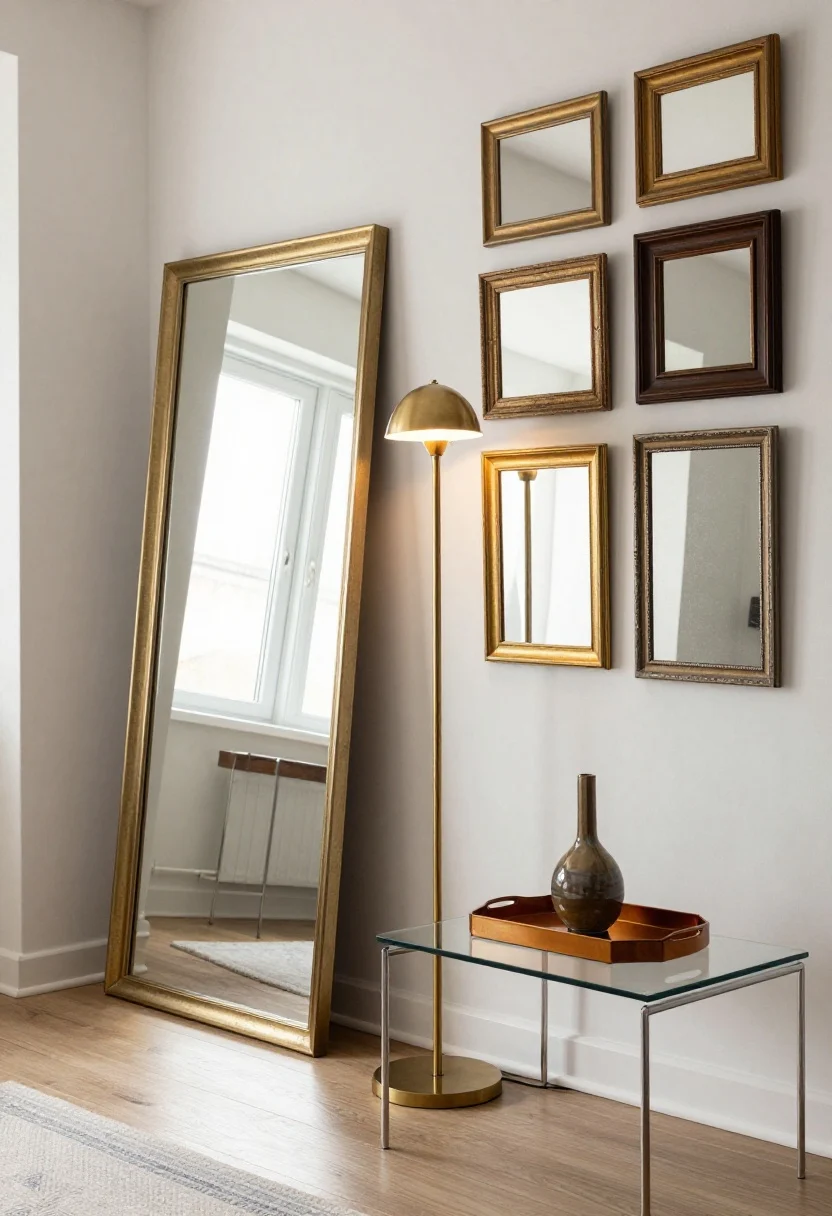A wide wall vignette showing reflective strategies: an oversized leaning floor mirror positioned behind a brass floor lamp so the lamp glow doubles, a cluster of smaller mirrors in mixed frames (brushed brass, antique gold, and a touch of chrome) forming a gallery effect, a glass nesting coffee table with a glossy lacquered tray and a glossy ceramic vase; warm mixed metals, minimal window presence, balanced warmth (chrome used sparingly), photorealistic in a low-light apartment.
