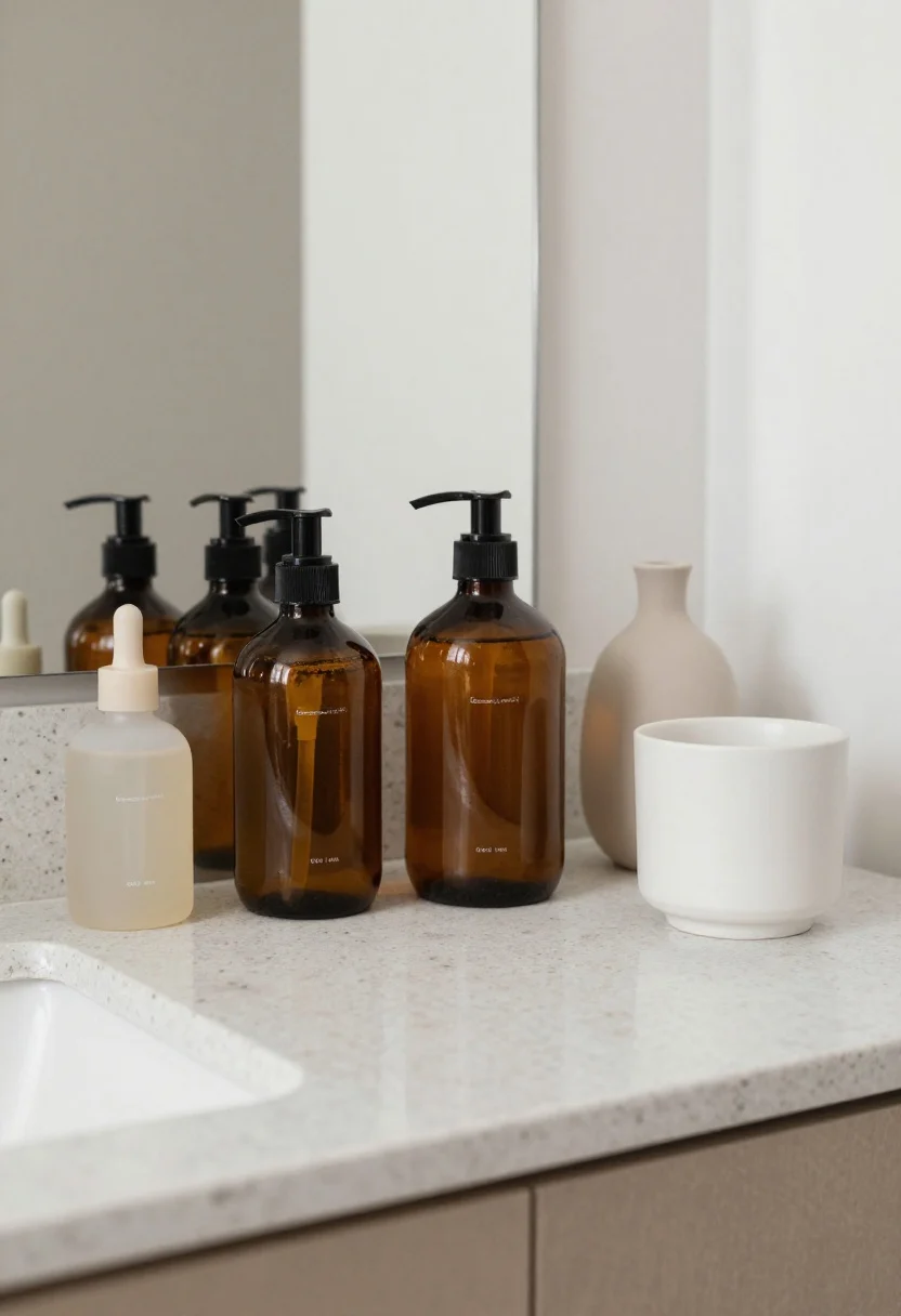 Closeup, boutique-style bathroom counter vignette after a ruthless edit: only daily-use items displayed in uniform amber glass pump bottles (soap, lotion) and a frosted dropper, all with minimal clear labels, arranged with negative space on a bare quartz countertop; a single sleek ceramic tumbler and a tiny bud vase echo a cohesive neutral palette (white, taupe, amber); soft morning natural light from the side, straight-on view emphasizing intentional curation and calm, no excess items or random labels.