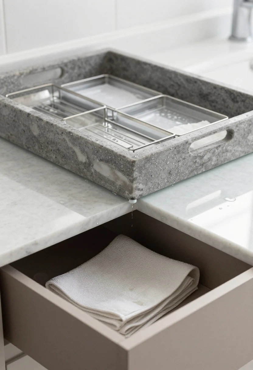 Closeup, cleaning-friendly materials in focus: a sealed stone tray with resin and powder-coated metal organizers on a glassy quartz countertop, all showing bead-like water drops wiped clean; a folded microfiber cloth peeking from a vanity drawer, clear bumper dots under the tray visible to prevent water rings; bright, crisp lighting reflecting off glass and metal without streaks; composition emphasizes easy-maintenance textures and a freshly buffed faucet.