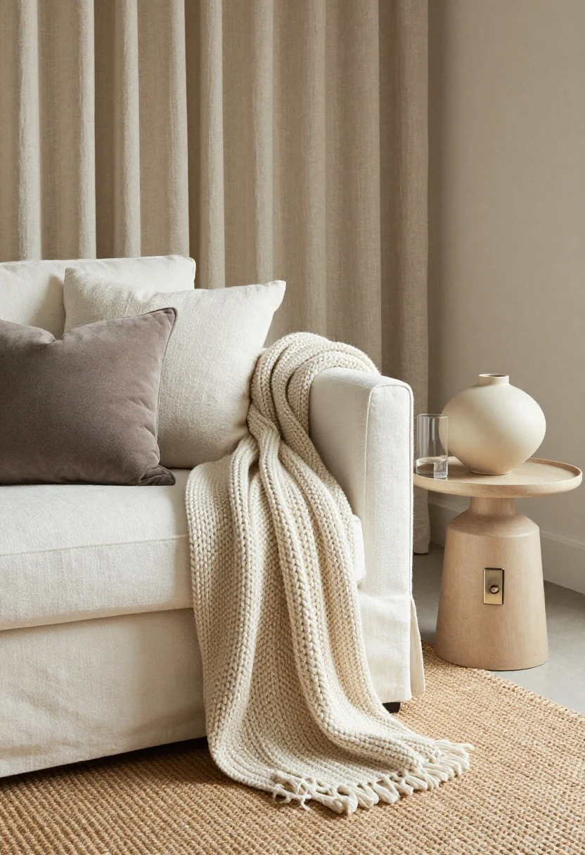 Closeup detail shot: a linen sofa in warm white with a chunky knit throw draped over the arm, a bouclé pillow, and a smooth matte ceramic lamp on a small side table; jute rug underfoot with fine-grain linen curtains in the background; mix at least three textures—soft (bouclé, velvet accent pillow), natural (jute rug, rattan tray), and sleek (brushed metal lamp switch, glass vase); vary scale with one chunky knit and finer matte pottery; cohesive palette of warm whites, oatmeal, greige, and soft taupe; soft natural daylight highlighting the texture depth; no people, photorealistic.