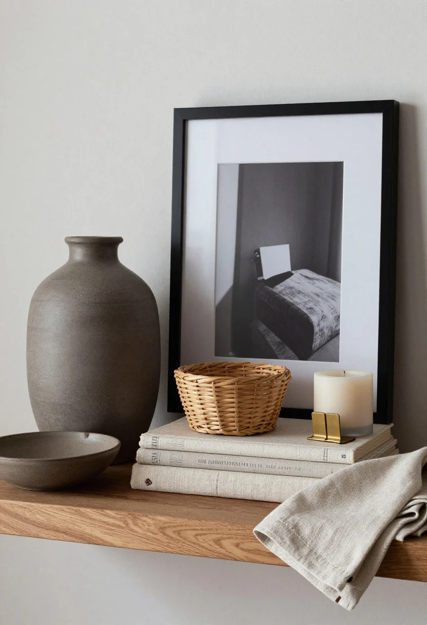Closeup detail shot of a single wall shelf styled to showcase layered textures: a matte ceramic vase beside a glossy black photo frame, a linen-bound book stack, a small woven basket, a stoneware planter, and brass bookends; include a folded natural linen napkin under a cream candle; tight neutral palette of flax, charcoal, and warm raw wood; soft natural side lighting to highlight matte vs. glossy finishes; straight-on view emphasizing texture contrast.