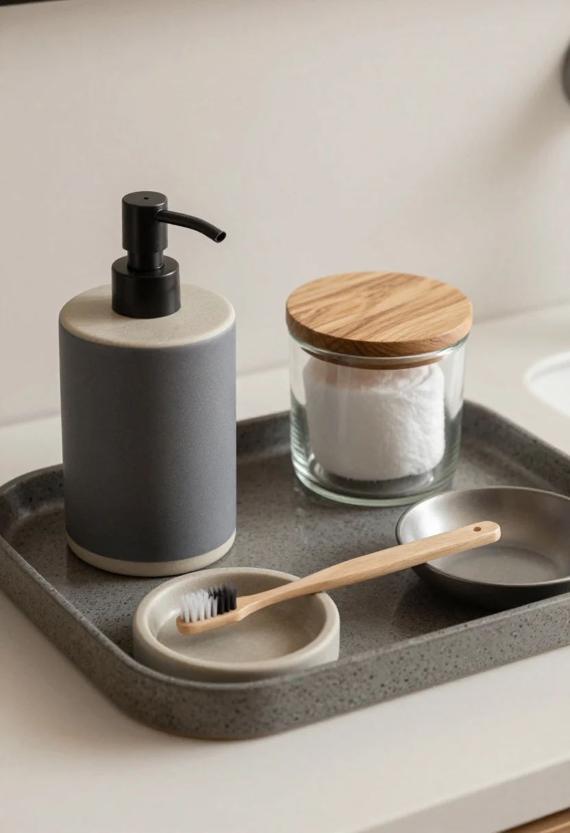 Closeup of upgraded everyday tools styled on a resin tray: a matte ceramic toothbrush tumbler (charcoal), a sleek stone or resin soap pump replacing a bar, a lidded clear glass canister with cotton pads, and a modern matte metal soap dish removed from the scene; textures of ceramic, matte metal, and sealed wood accents visible; subtle warm artificial vanity lighting, straight-on composition highlighting polished, display-worthy finishes.