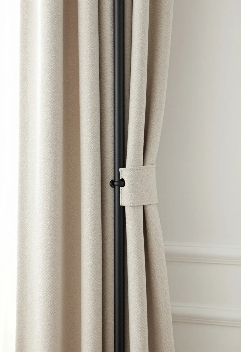 Closeup, straight-on hardware detail at the top of a curtain: matte black rod with clip rings and drapery hooks creating a visible 1–2 inch rise between rod and panel; a panel with a 5-inch extra-tall header neatly stitched for added height; an alternative back-tab section visible on a neighboring panel where the rod slides through hidden tabs, letting the fabric float slightly below the rod; wall and trim painted the same soft white as a visual lift, with the dark rod providing modern contrast; gentle, even daylight highlights the header structure and the clean, vertical drop of the fabric; photorealistic, no people.