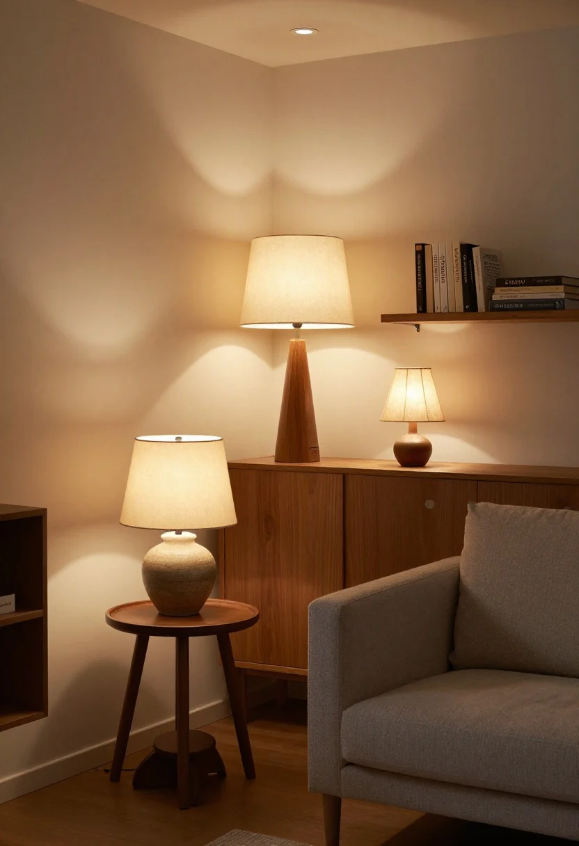 Corner angle medium shot: A layered table-lamp trio—one ceramic lamp with a pleated shade on a sofa side table, one wooden lamp on a console behind the sofa, and one small library-style lamp on a shelf—each at staggered heights. Warm 15–40W equivalent LED pools of light, cohesive color temperature, mixed materials (ceramic, wood, fabric), books and a small clamped LED with a fabric shade on the shelf, cozy ambiance with intentional light layering, overhead lights off.