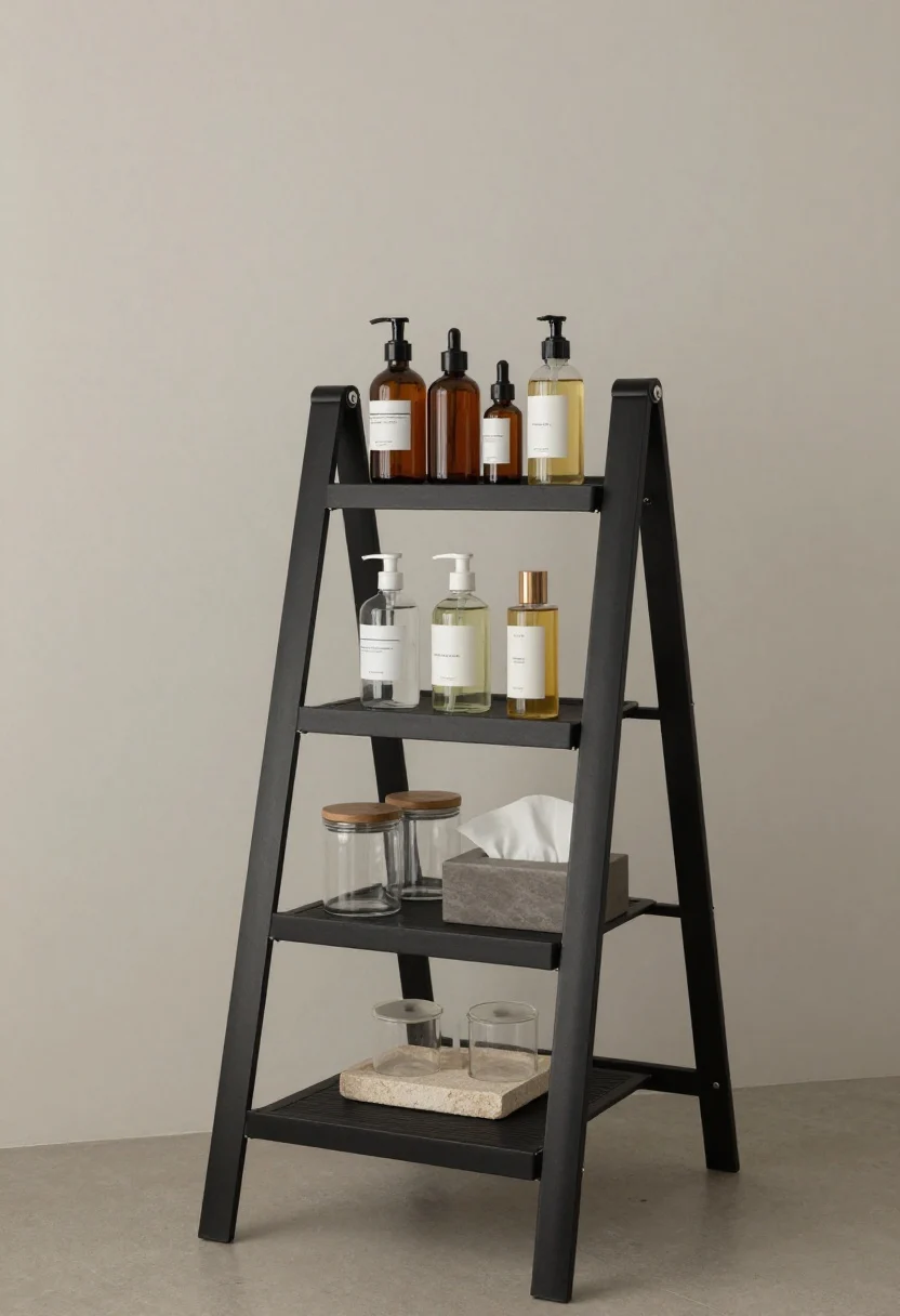 Corner angle, medium shot of vertical organization: a narrow two-tier matte black ladder stand beside the faucet, top shelf holding decanted bottles (serums, lotion), bottom shelf with lidded glass canisters and a slim tissue box; a short matching riser paired with a small stone tray—pretty items on the riser, utilitarian ones on the tray; finishes match the matte black faucet/hardware; balanced negative space left on the counter; cool, even task lighting.