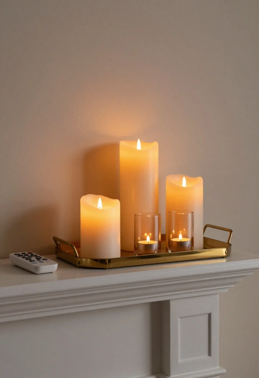 Detail closeup: A cluster of wax-coated LED taper and pillar candles in varying heights on a brass mirrored tray atop a fireplace mantel, realistic flicker mode active. Include a remote and timer subtly placed beside a candle, amber-tinted tea lights glowing inside small glass hurricanes, reflections amplifying the warm candlelight, moody evening setting with no other lights on, soft shadows on textured plaster.