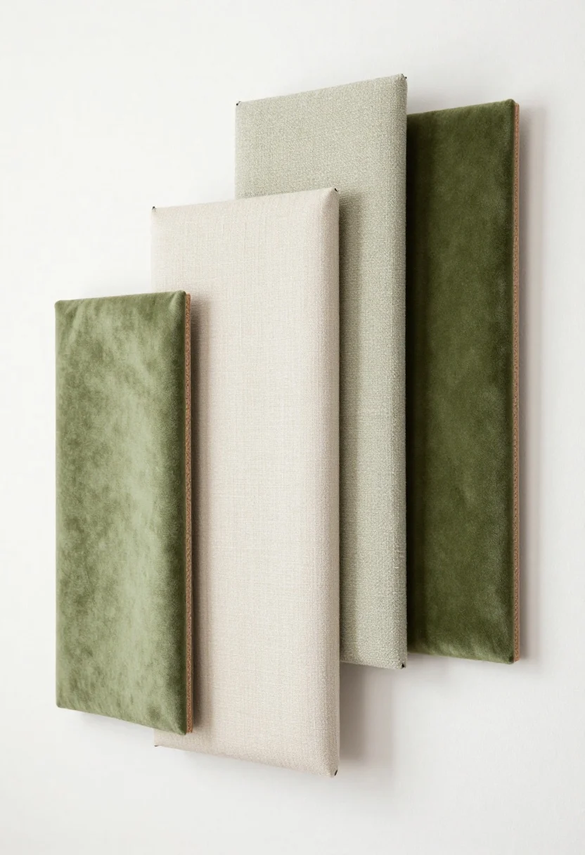 Detail closeup: Fabric-wrapped foam panels mounted with removable Command strips forming a neat triptych; one panel in ivory linen, one in boucle, one in muted moss velvet; tight, crisp fabric corners and smooth faces; a hint of foam insulation board edge on the back; side light revealing texture and soft acoustic quality; clean white wall, gallery symmetry, photorealistic.