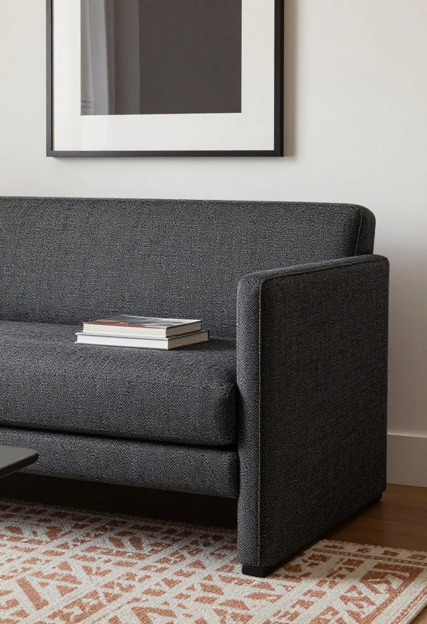 Detail closeup from a corner angle of a slim convertible chair in tightly woven tweed (charcoal) with clean lines, no visible hinges, and a seat height around 16–18 inches; styled with a narrow storage bench used as a coffee table holding a small stack of books; oversized art above the chair balancing the petite silhouette; a patterned rug beneath (subtle geometric, muted terracotta and ivory) to ground the scene; photorealistic textures emphasizing firm foam support and crisp upholstery; soft ambient lighting for a modern, guest-ready feel.