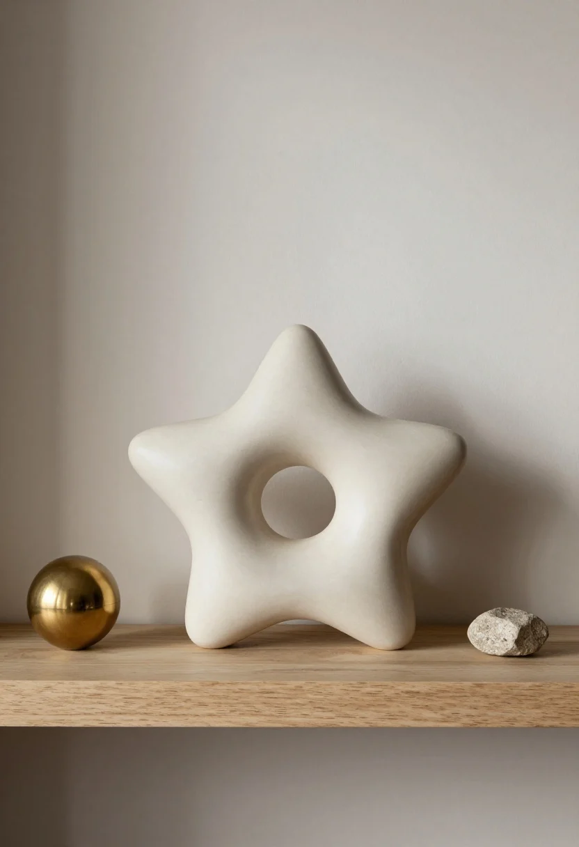 Detail closeup of a “one sculptural moment” shelf: a single star object (curvy ceramic knot) centered on a raw wood shelf, supported by minimal companions—one geometric brass orb and a small raw stone off to the side; negative space around the hero piece; soft directional lighting creating gentle shadows that emphasize curves; muted palette of cream, brass, and natural stone; straight-on, shallow depth of field.