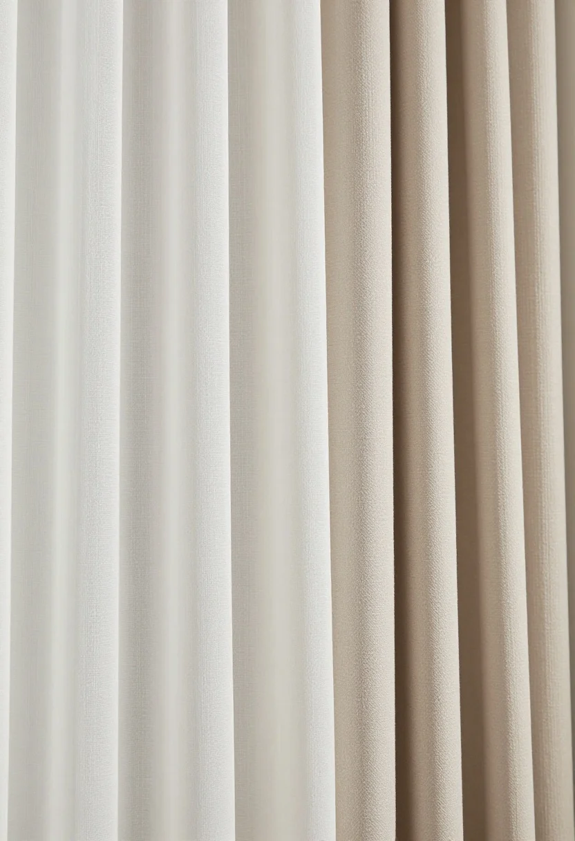 Detail closeup of airy, high-drape fabrics: a hand lifting a corner is omitted—no hands—just a tight shot of layered panels showing texture and fall; front layer is sheer white voile forming soft vertical columns, behind it a blackout roller shade barely visible; adjacent swatch of linen-blend and cotton sateen demonstrating smooth drape without ballooning; optional thermal/blackout lining peeks at the side to show added weight that makes the panel fall straight without stiffness; subtle side lighting emphasizes weave and vertical folds; neutral palette in ivory and sand, photorealistic textile texture.