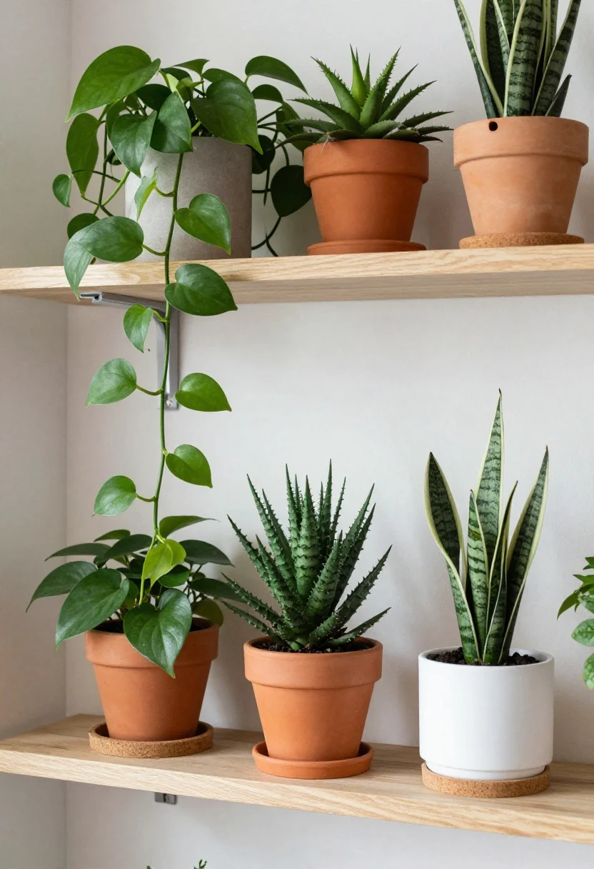 Detail closeup of curated plants on a narrow shelf: a trailing pothos cascading to soften edges, a compact haworthia and a tiny snake plant pup for upright structure; coordinated vessels—warm terracotta and matte white pots; an elevated drip tray and cork coasters visible to protect the wood; rotate-friendly placement with space around each pot; natural bright but indirect light; shot from a slight overhead angle to show leaf trails and protective bases.